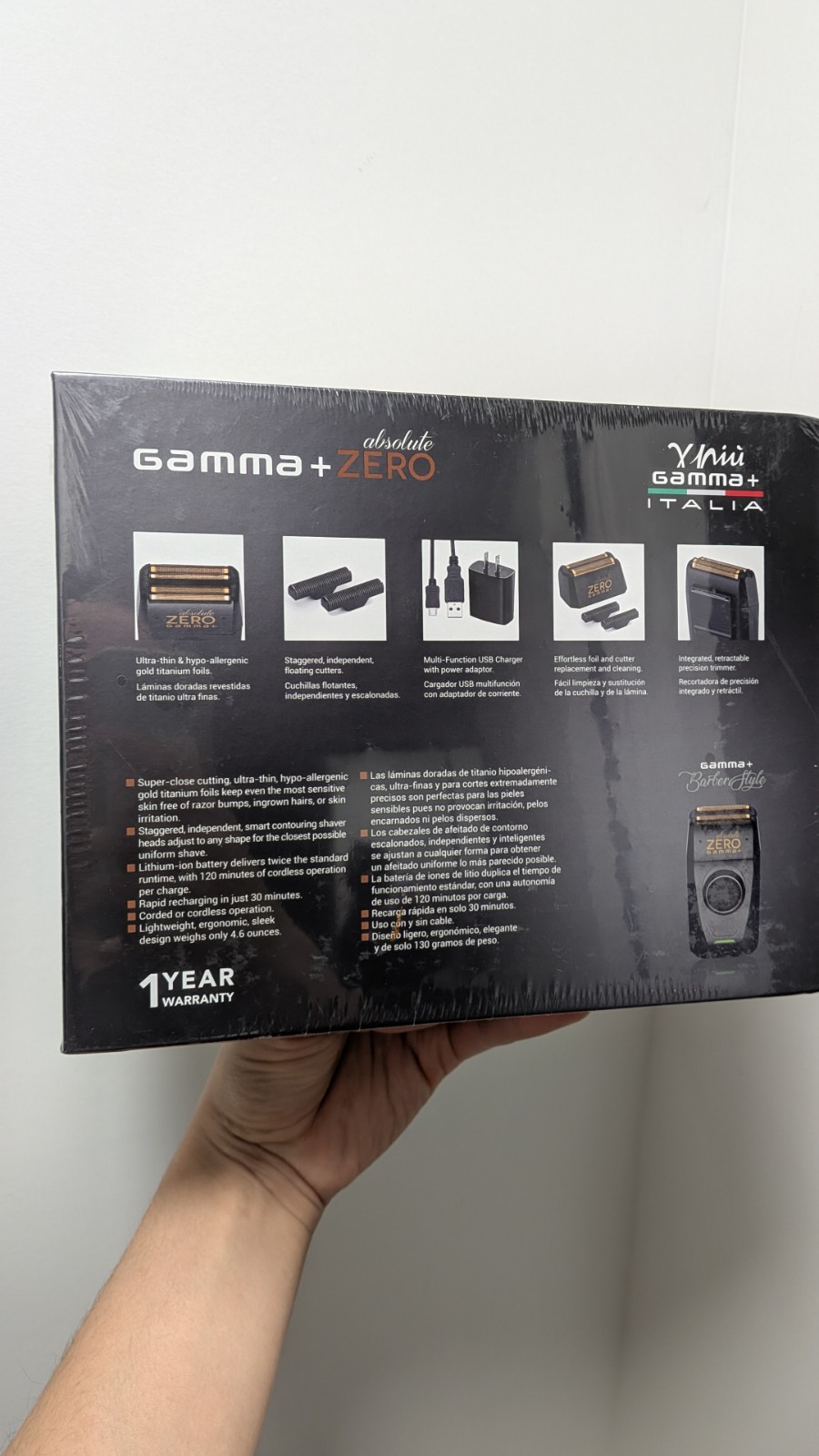 Gamma+ Absolute Zero Foil Head Trimmer w Retractable Trimmer Cordless USB Gold
