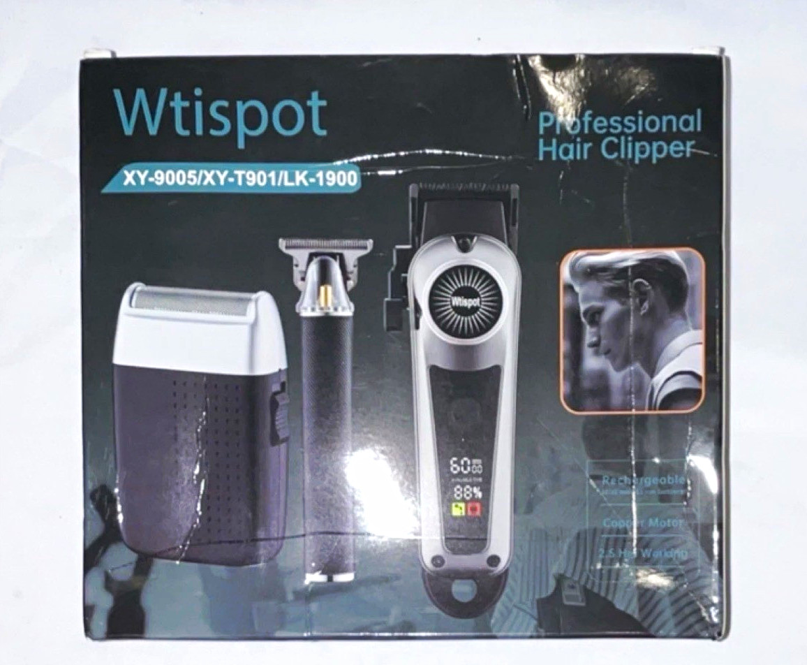 Wtispot Rechargeable Hair Clipper Haircutting Kit Black/Silver 3 Heads XY-9005