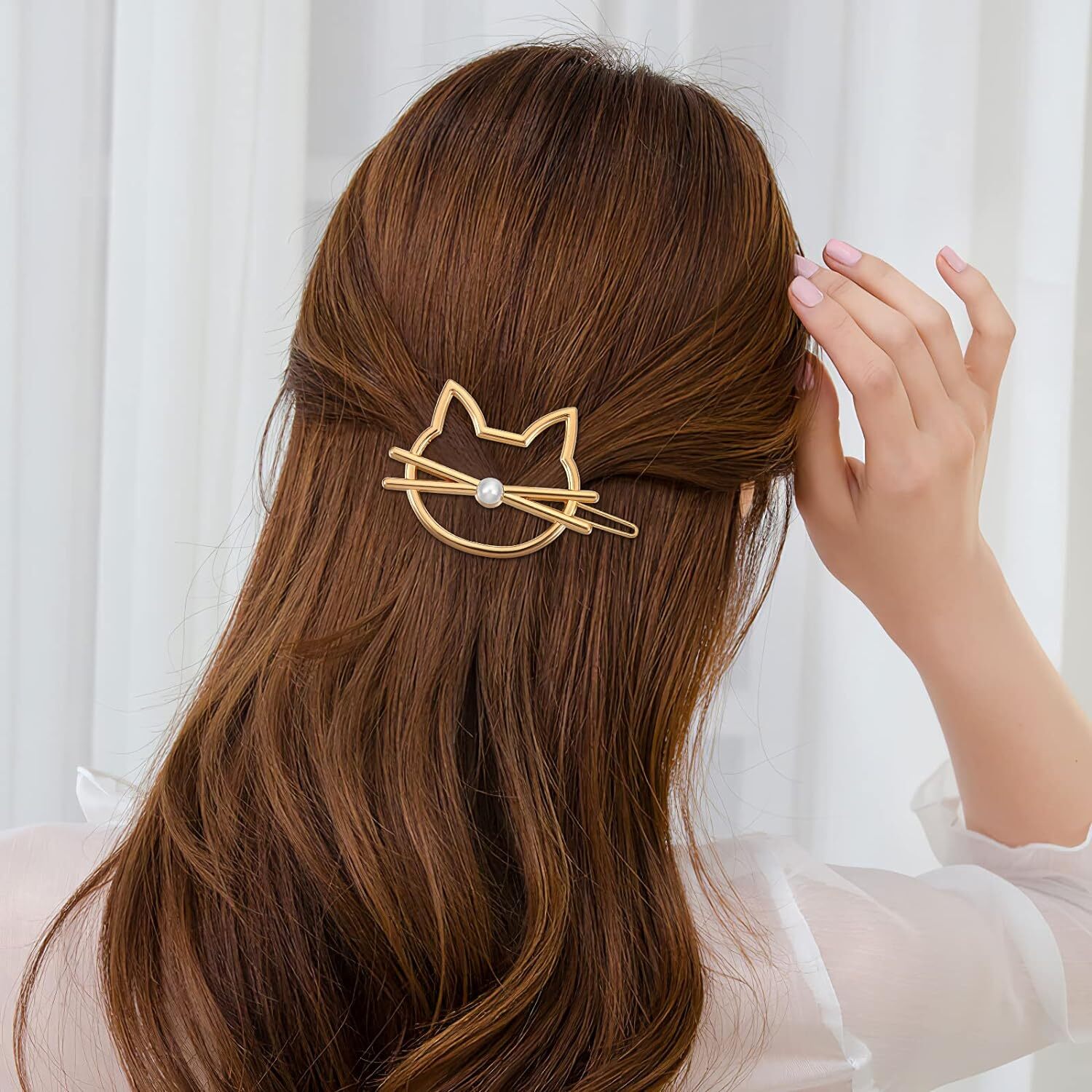 Frcolor Women Hair Clips, 4Pack Metal Novelty Pearl Cat Shaped Gold,Silver