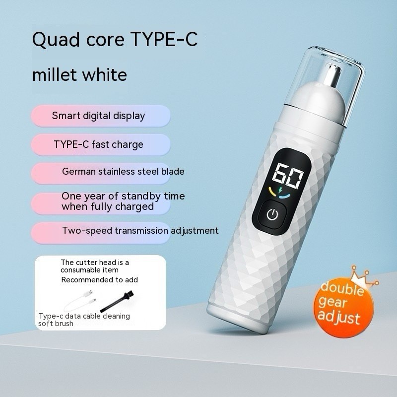 Nose & Ear Hair Trimmer, USB-C Rechargeable, LED Display, Black/White