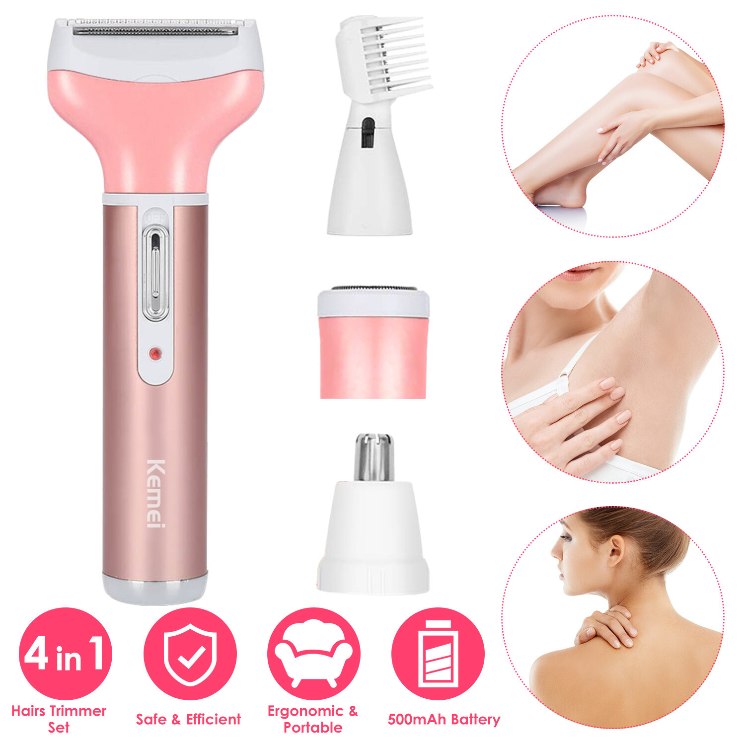 Kemei 4in1 Electric Epilator Women Personal Bikini Shaver Nose Leg Hairs Trimmer