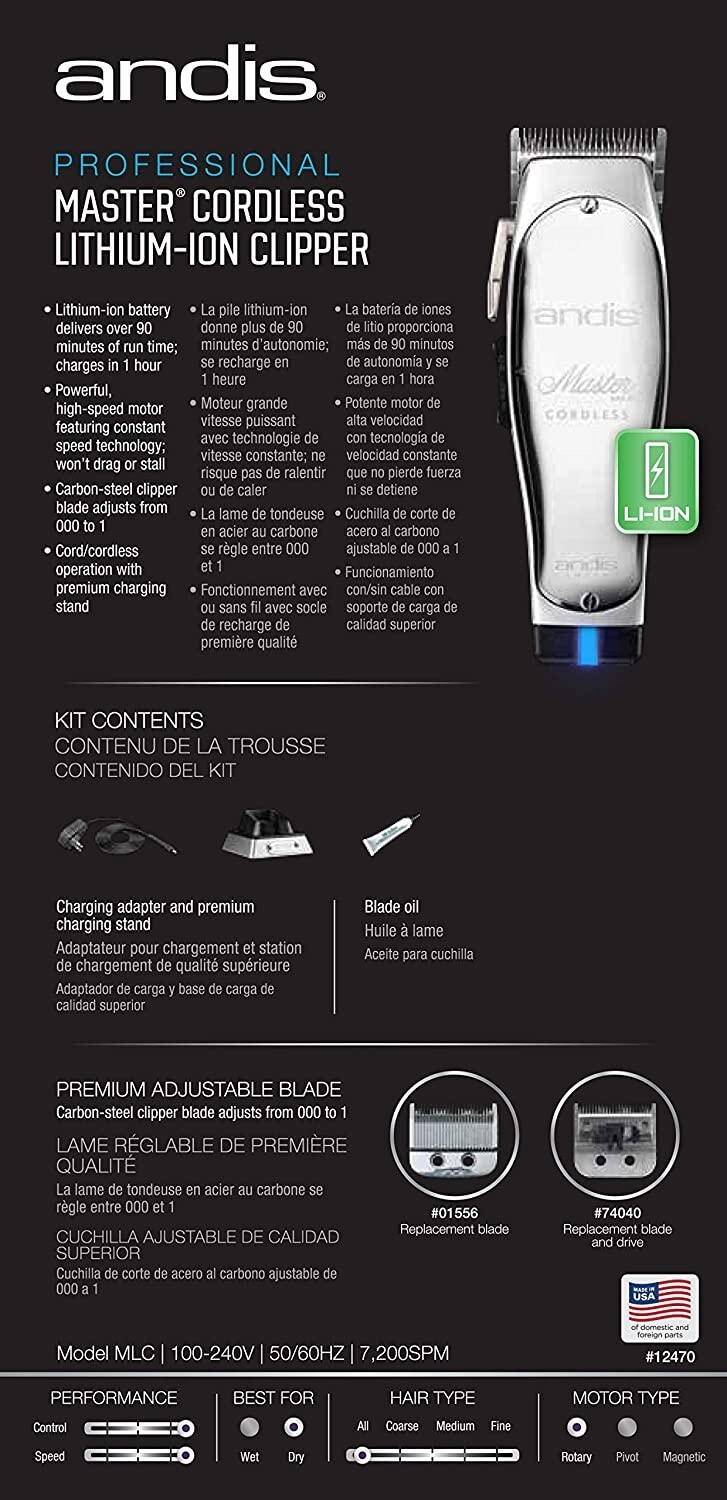 Andis 12470 Professional Master Cord/Cordless Carbon Steel Blade Hair Clipper