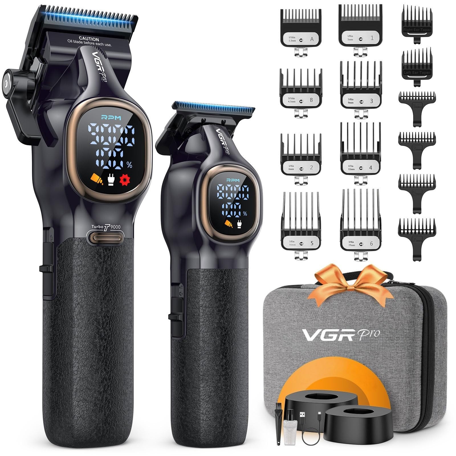 Professional Hair Clippers Set for Men, Cordless Barber Trimmer, 9000 RPM Rechar