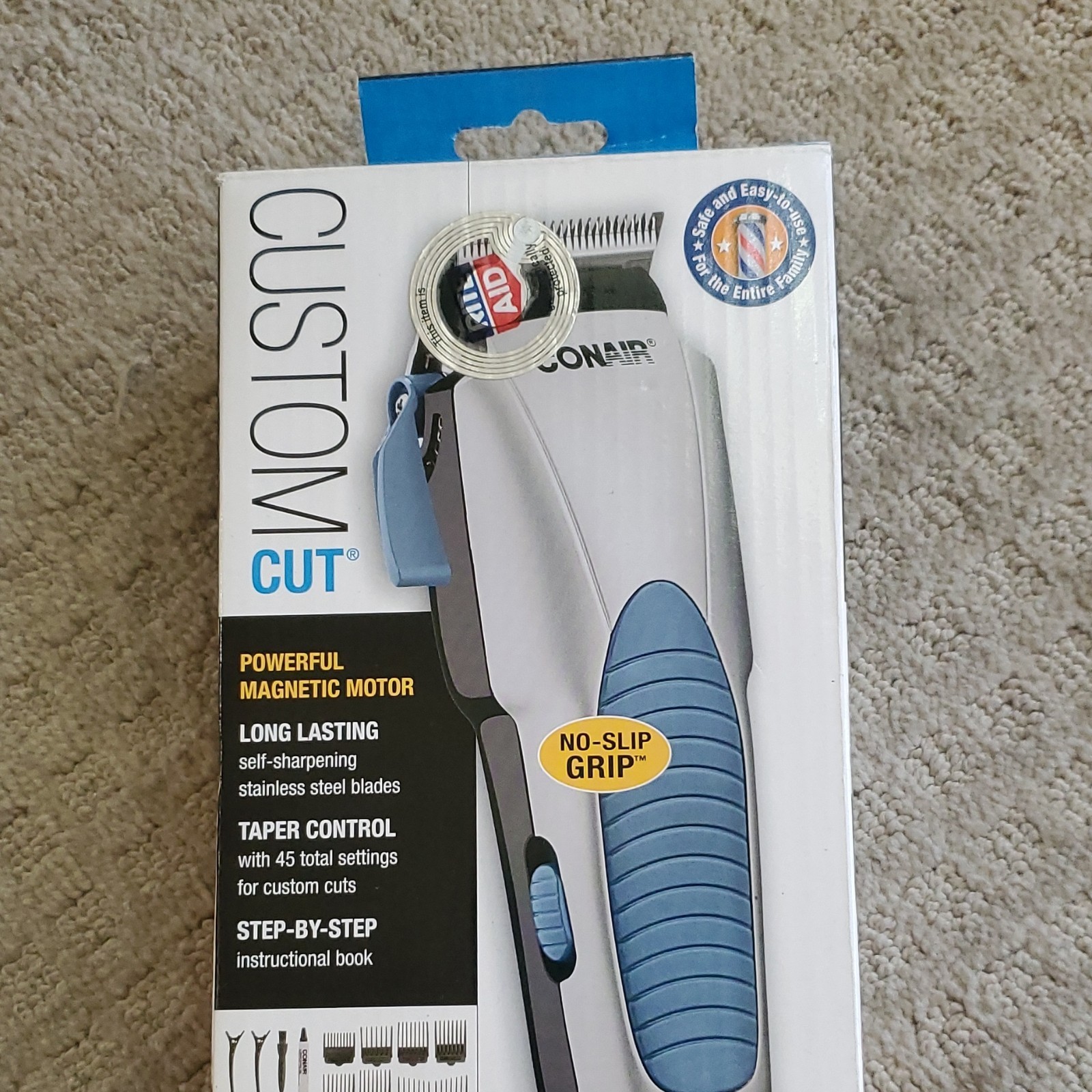 Conair Custom Cut Clipper Silver Blue Black No-Slip Grip Self-Sharpening Blades