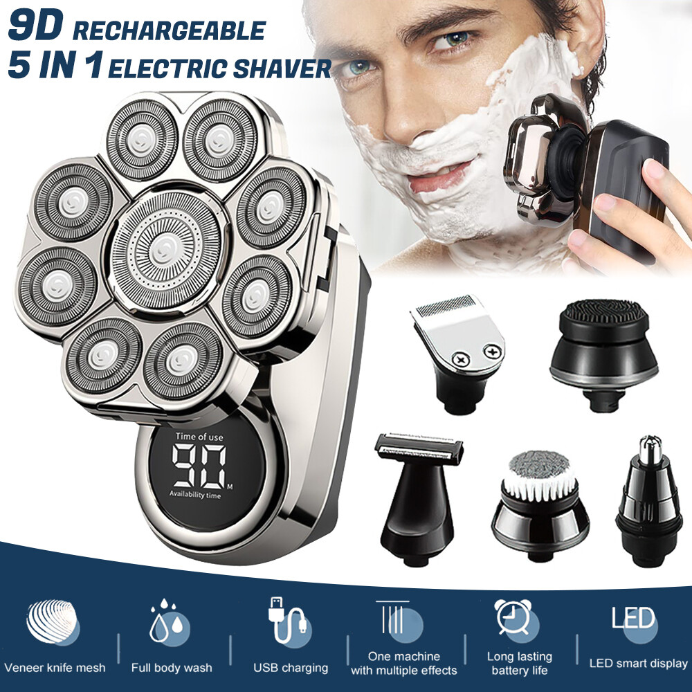 9D 5in1 Rotary Electric Shaver Cordless Hair Trimmer Bald Head Razor Men Wet&Dry