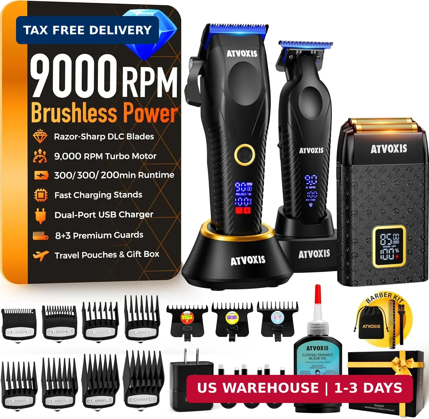 9000 RPM Brushless Motor Professional Hair Clippers Set for Men: Cordless Clippe
