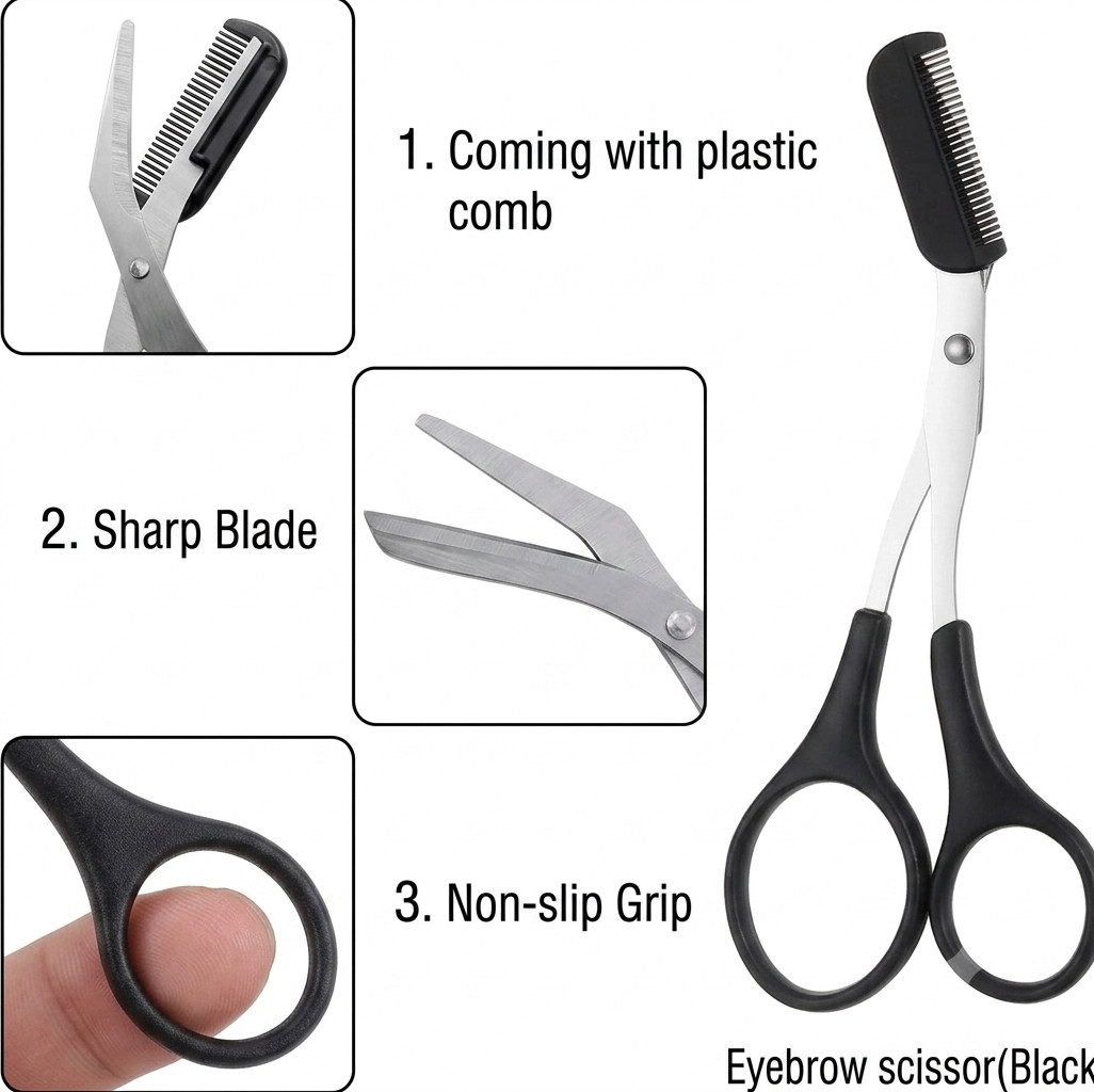 2PCS Eyebrow Trimmer Scissors with Comb Stainless Steel Precision Brow Grooming
