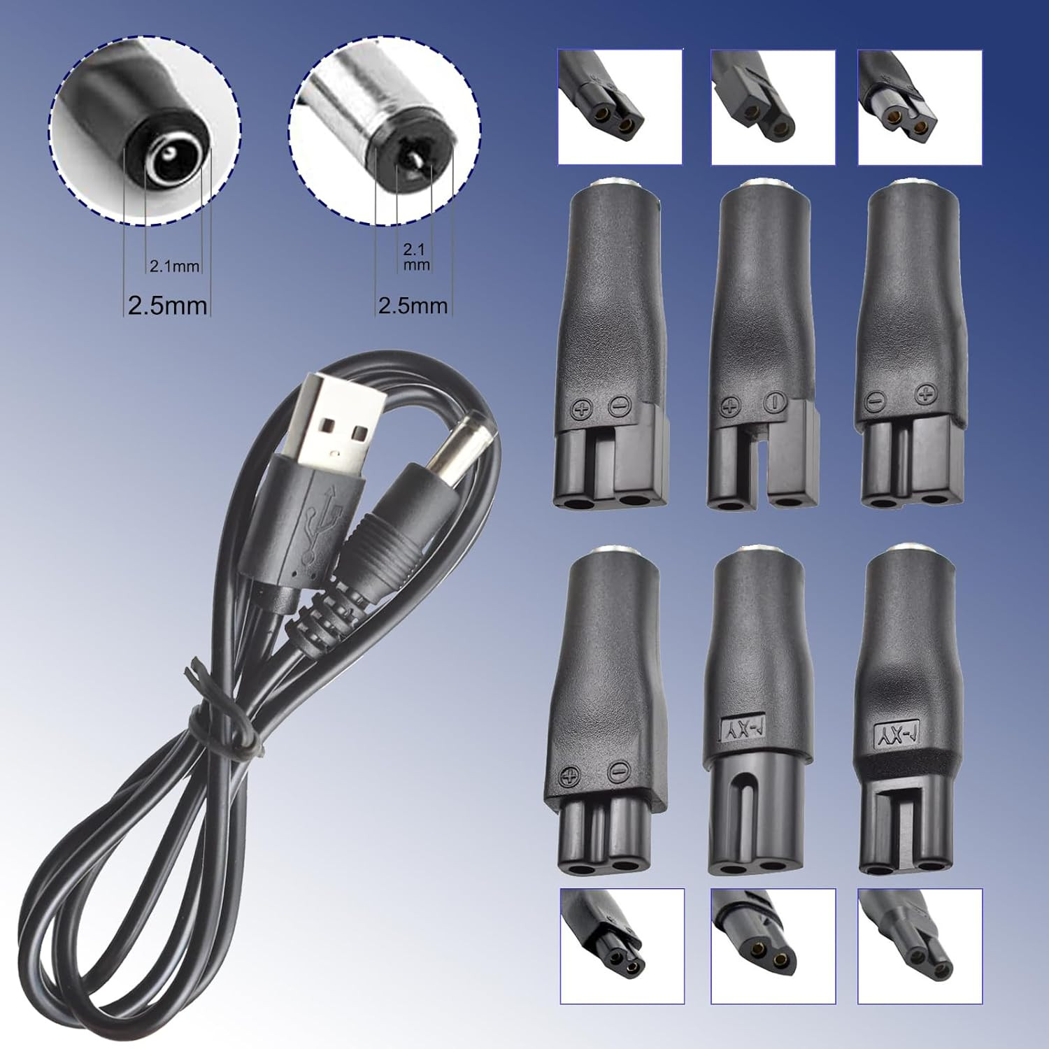 7-In-1 Shaver Trimmer Charger Cable USB to DC 5V with 6 Tips