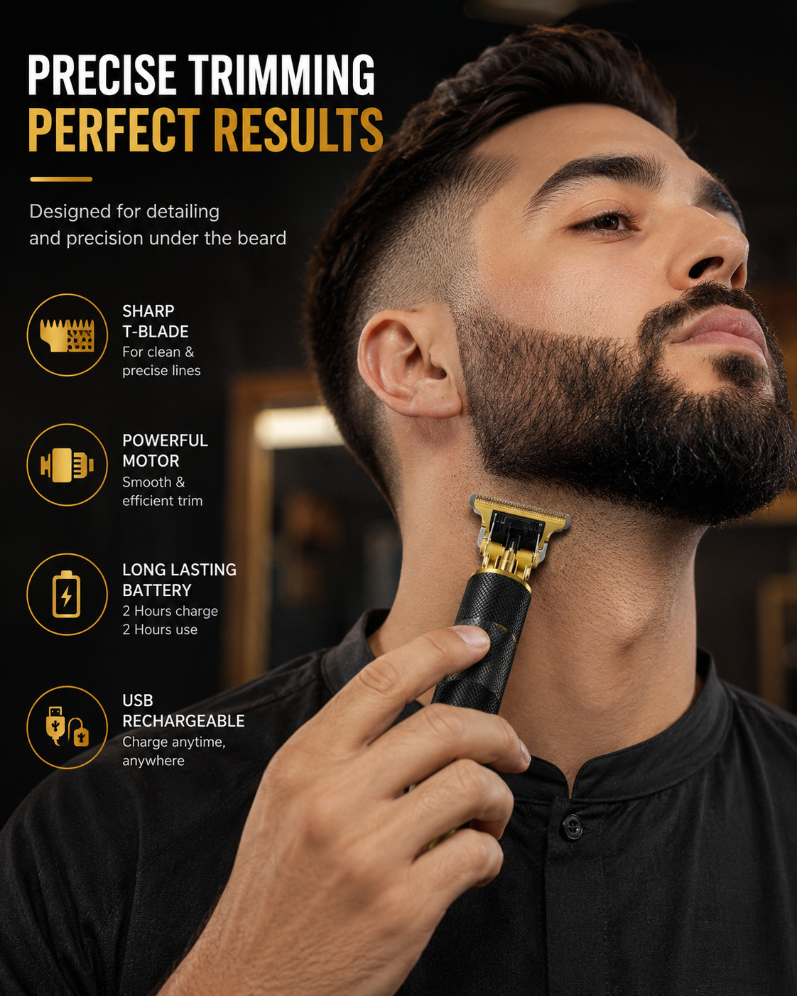 Vintage T9 Black Gold Cordless Hair Trimmer Clipper USB Rechargeable Men