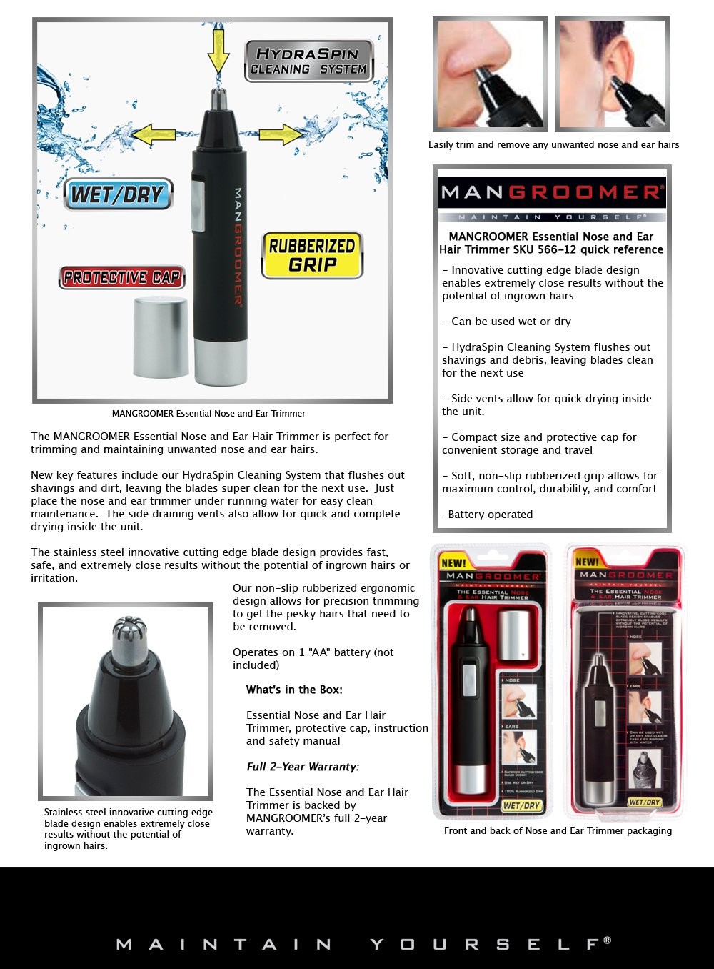 Silver and Black Hair Trimmer Hypoallergenic Stainless Steel Blades Wet Dry Use
