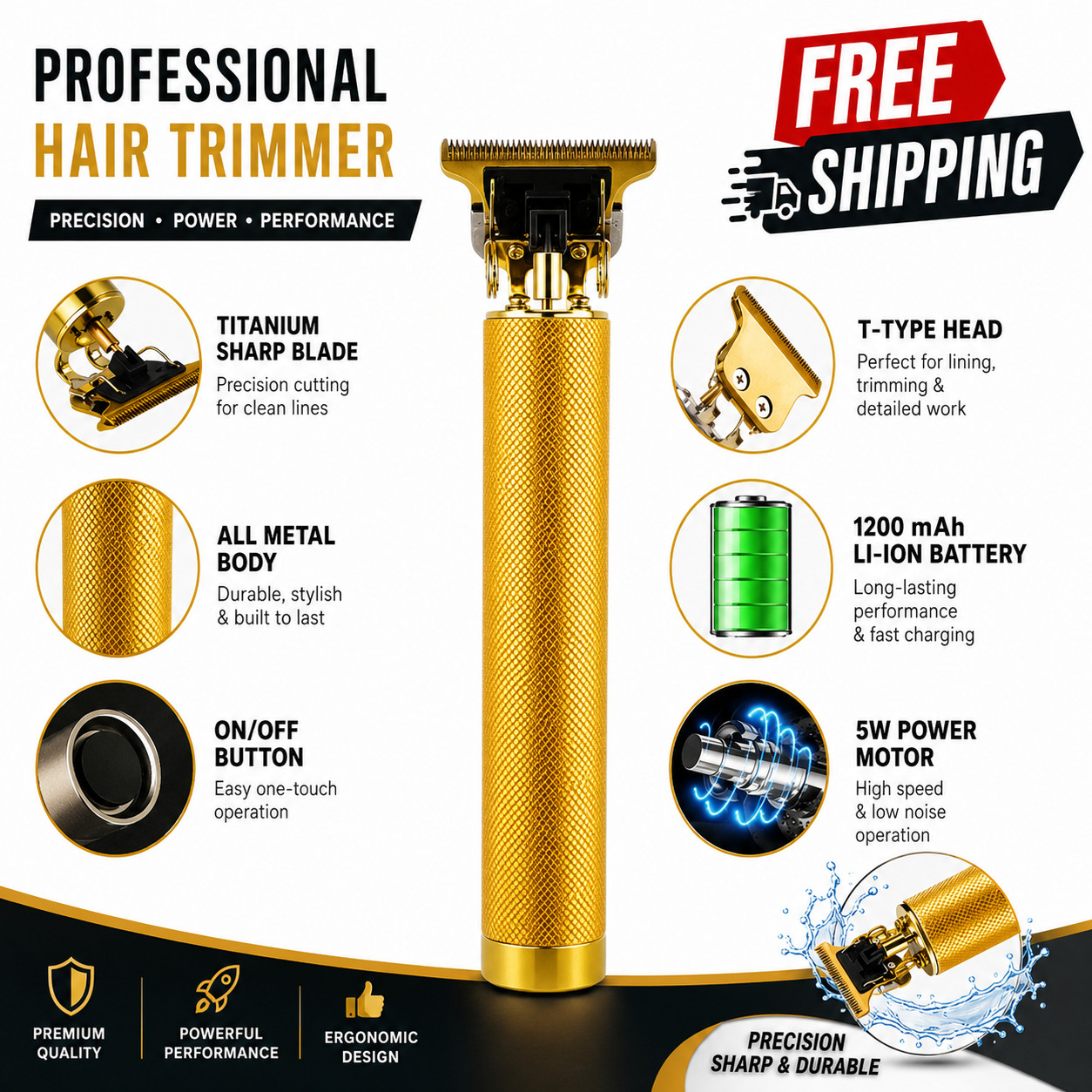 Vintage T9 Gold Hair Trimmer Beard Clipper Cordless Barber Machine for Men