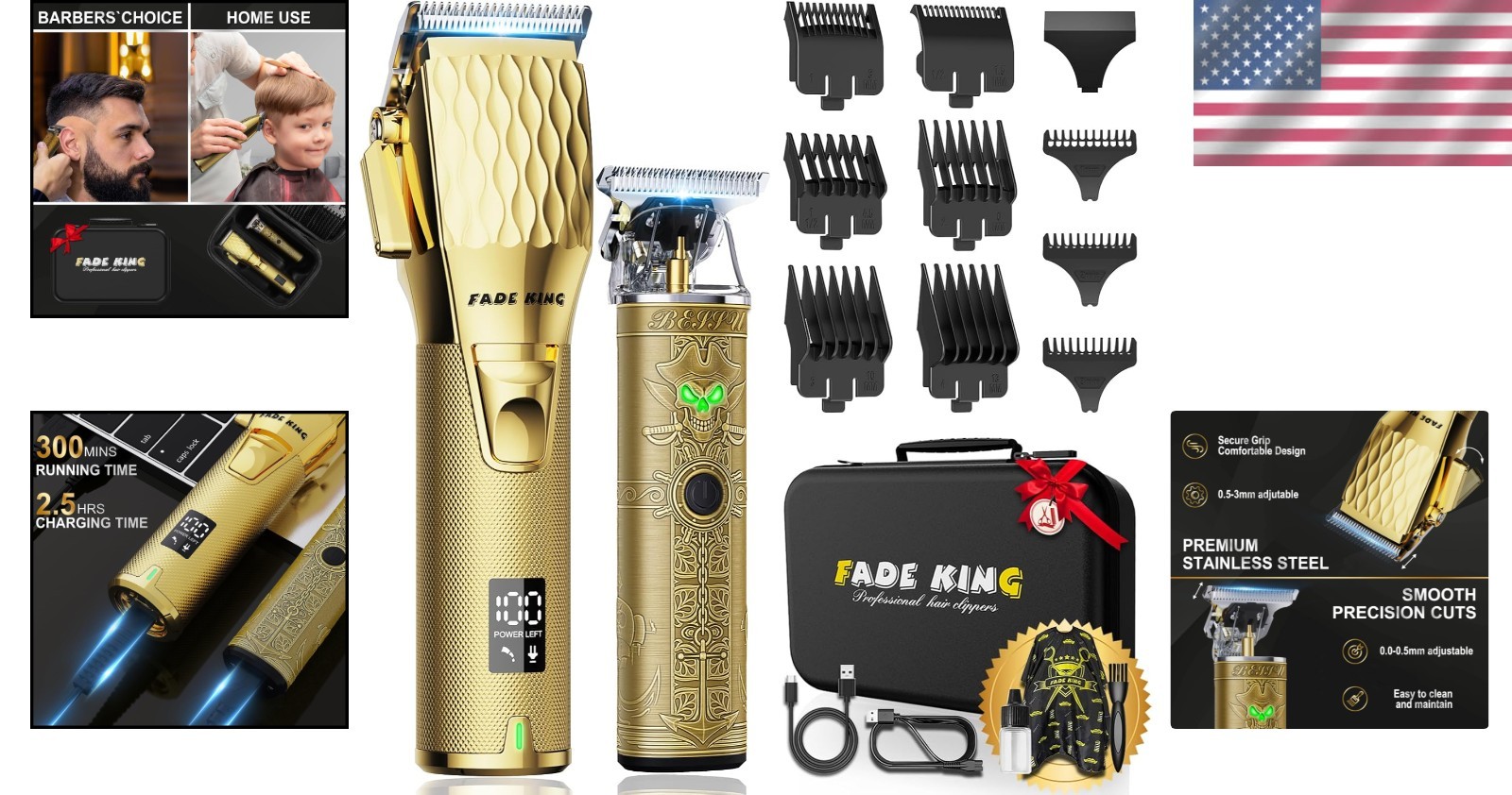Professional Cordless Hair Clippers & Beard Trimmer Set – Gold & Bronze Style