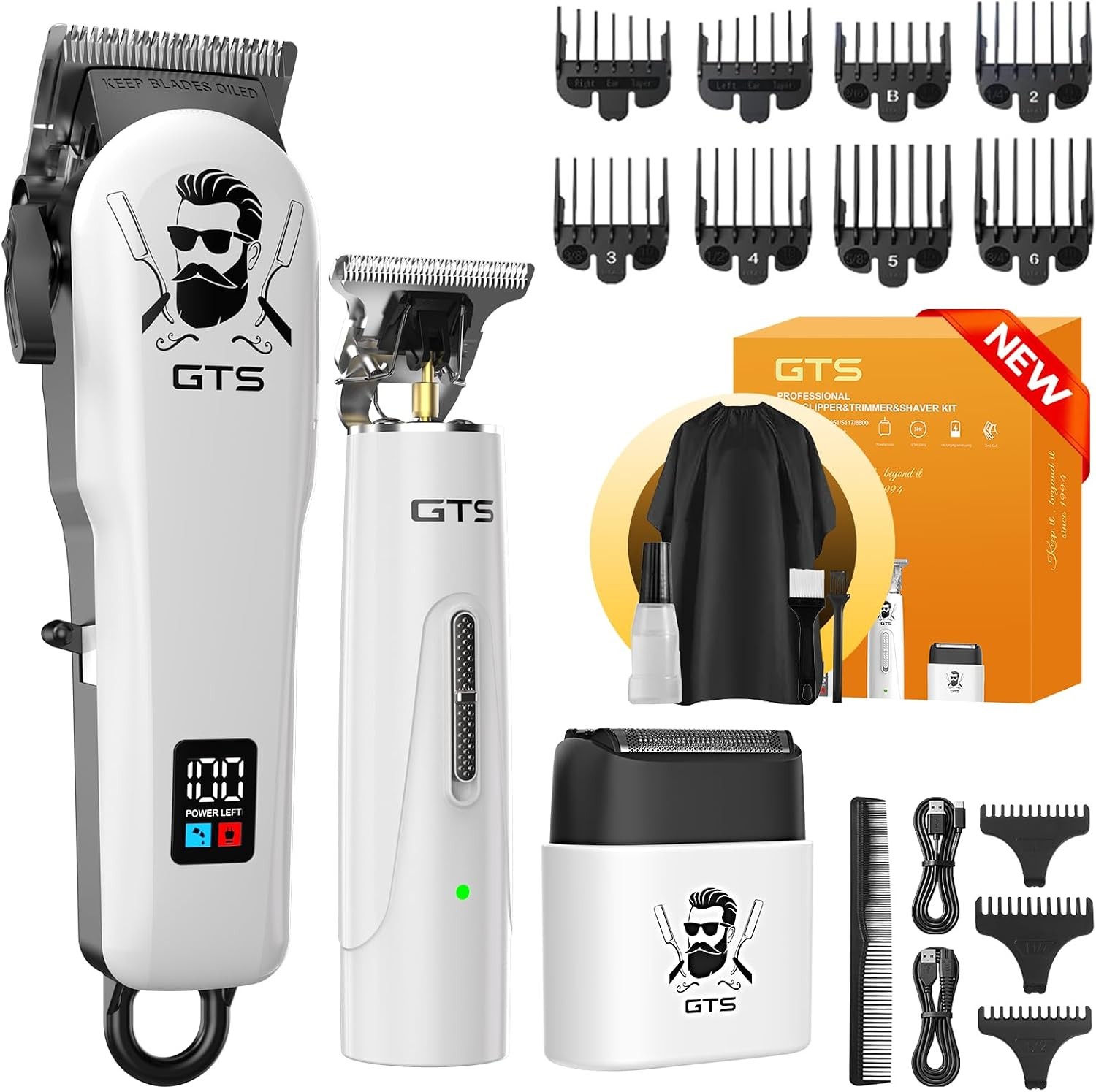 GTS PRO Hair Clippers for Men, Cordless, IPX7, LED Display, White