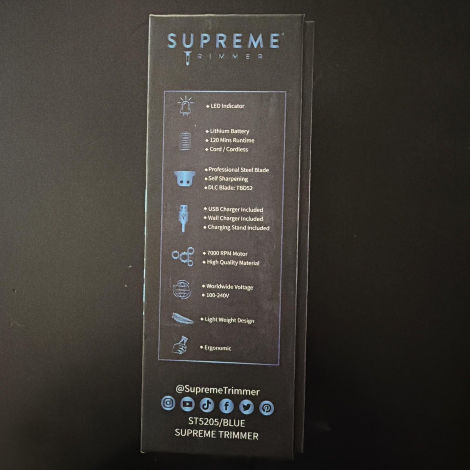 Supreme Trimmer T-Shaper cordless hair trimmer in blue, featuring a DLC blade