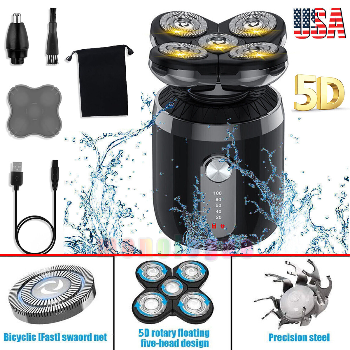 Men Rotary Electric Shaver 5D Bald Head Hair Beard Trimmer Razor Rechargeable