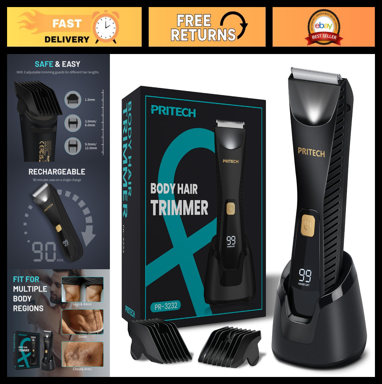 Waterproof Body Hair Trimmer for Men – Ceramic Blade Electric Razor, USB-C, Wet/