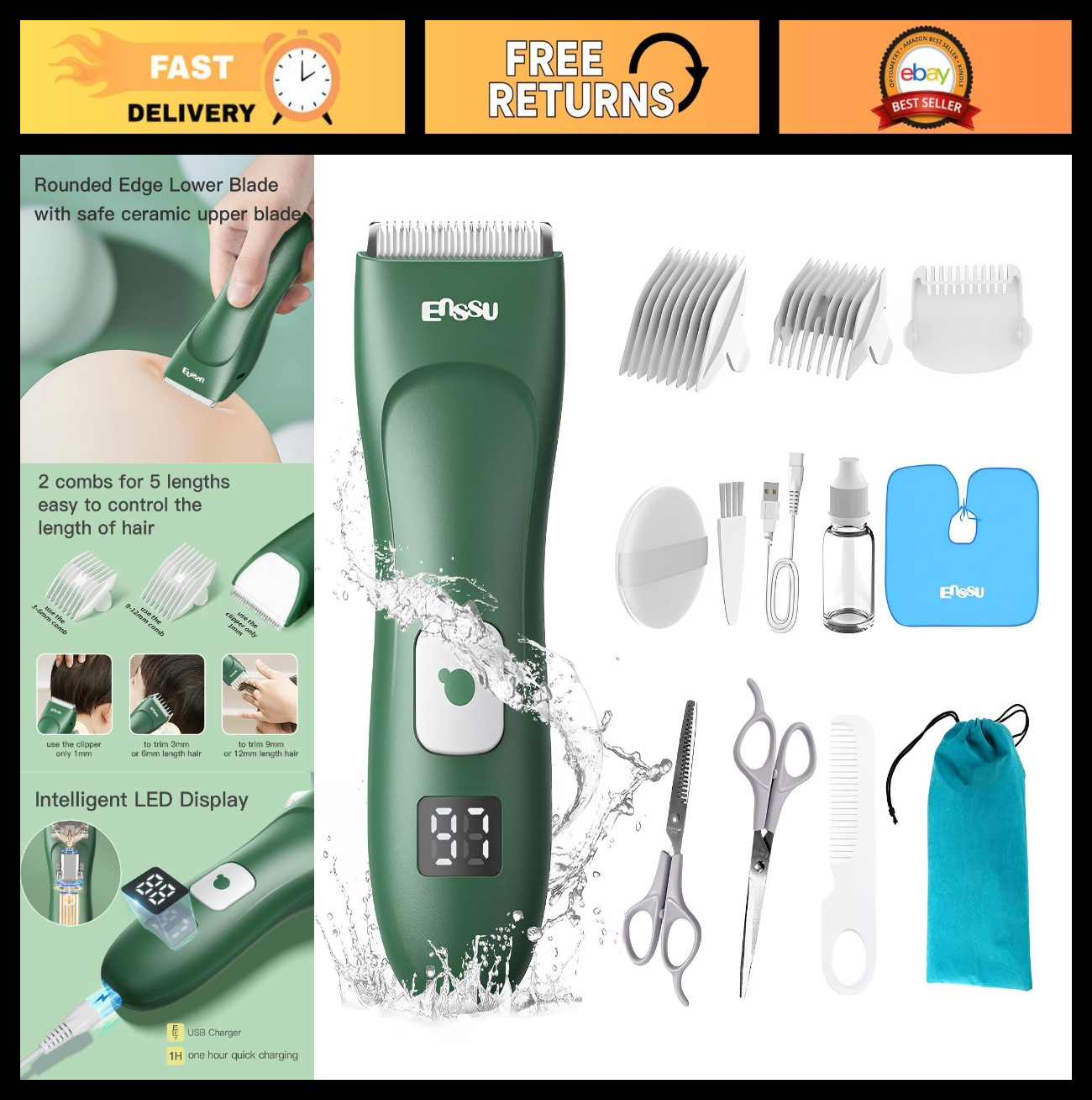 Waterproof Baby Hair Clippers for Kids & Adults | Silent Cutting Kit, 13 Pieces,
