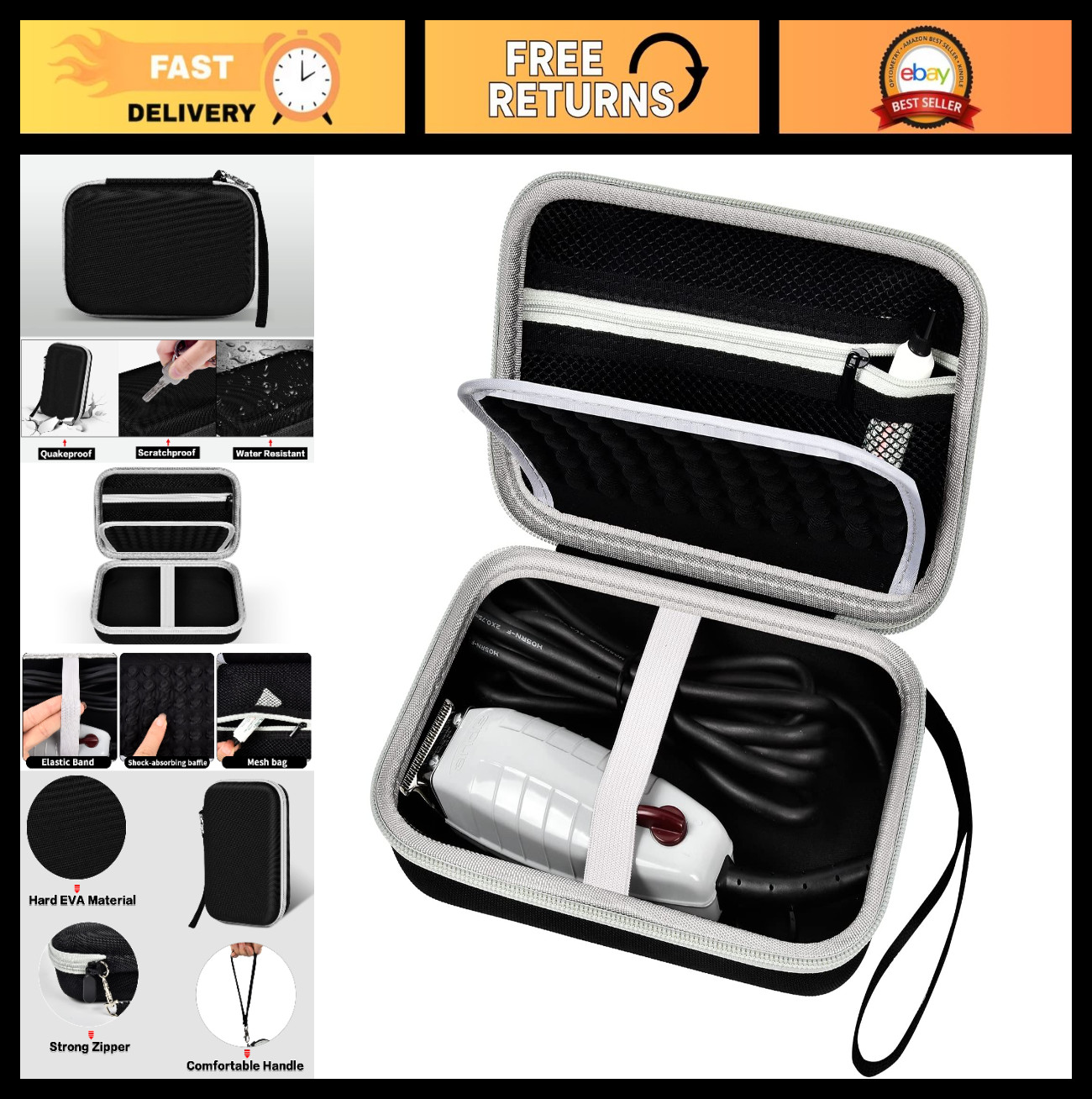 Hair Trimmer Case for Andis T-Outliner – PU Shell, Padded Divider, Mesh Pocket,