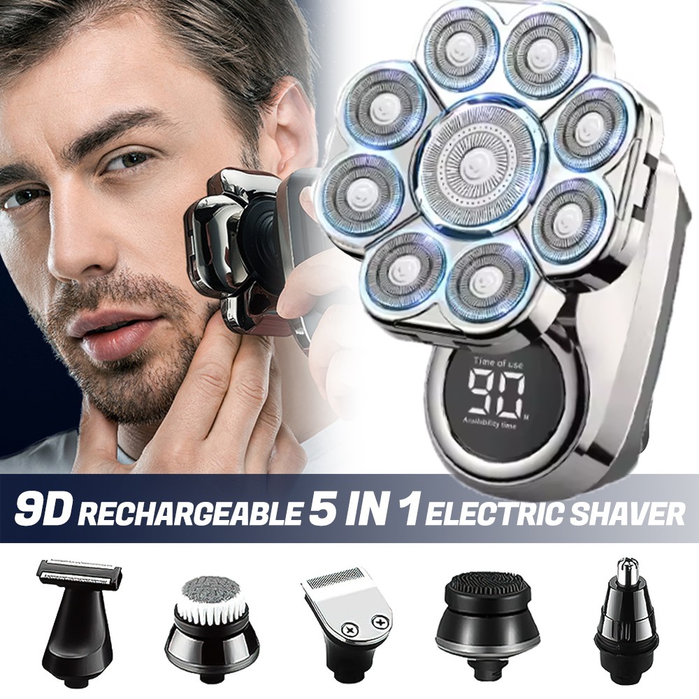 9D 5in1 Rotary Electric Shaver Cordless Hair Trimmer Bald Head Razor Men Wet&Dry