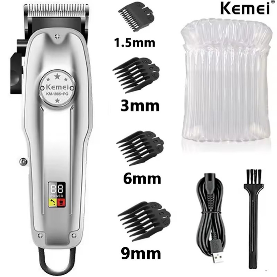 Kemei KM-1996-PG Cordless Hair Clipper Silver Black USB Rechargeable Hair Guards