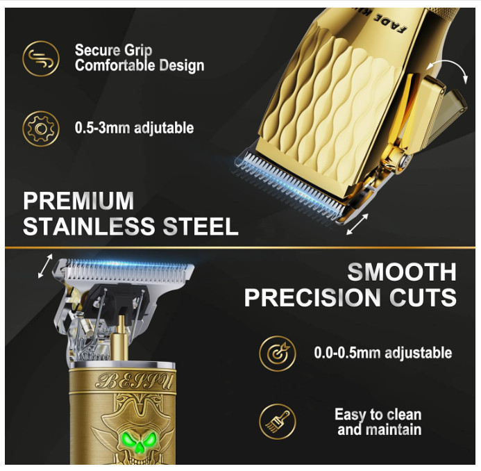 FADEKING® Cordless Hair Clippers for Men, LCD Display, Barber Kit (Gold+Bronze)
