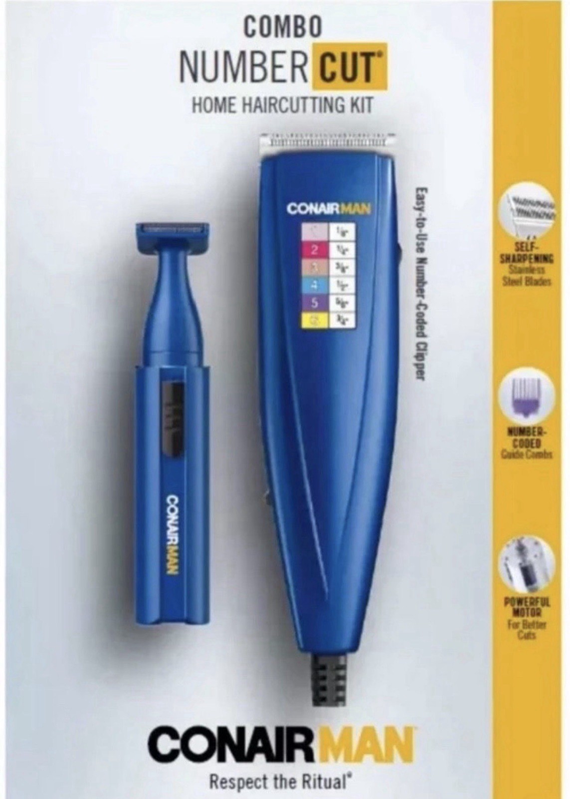 ConairMAN Combo Number Cut Self-Sharpening Clipper & Trimmer Kit Blue #1-5