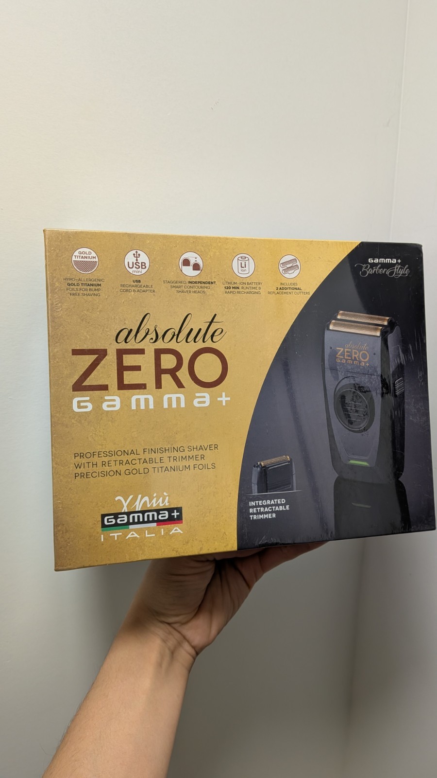 Gamma+ Absolute Zero Foil Head Trimmer w Retractable Trimmer Cordless USB Gold
