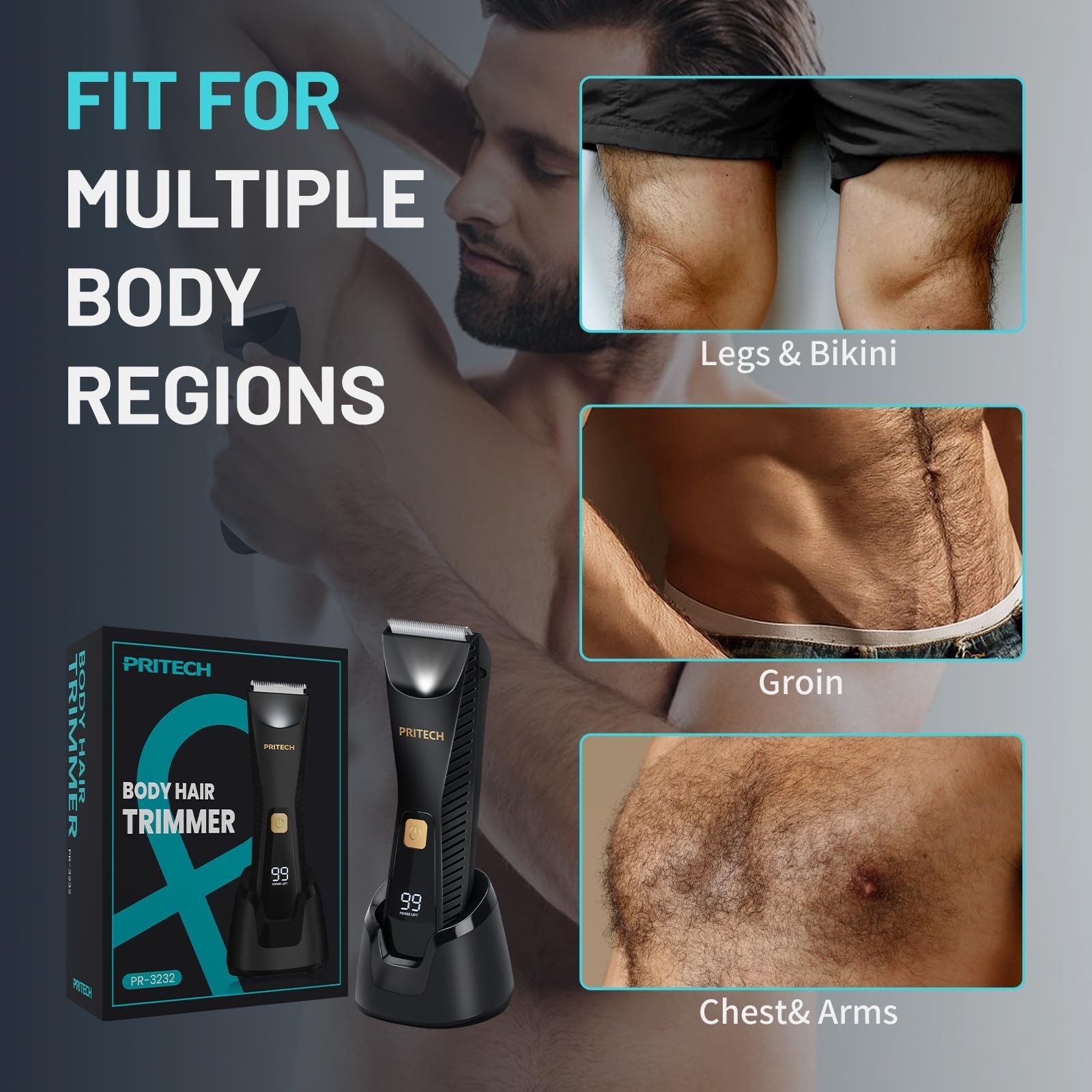 Waterproof Body Hair Trimmer for Men – Ceramic Blade Electric Razor, USB-C, Wet/