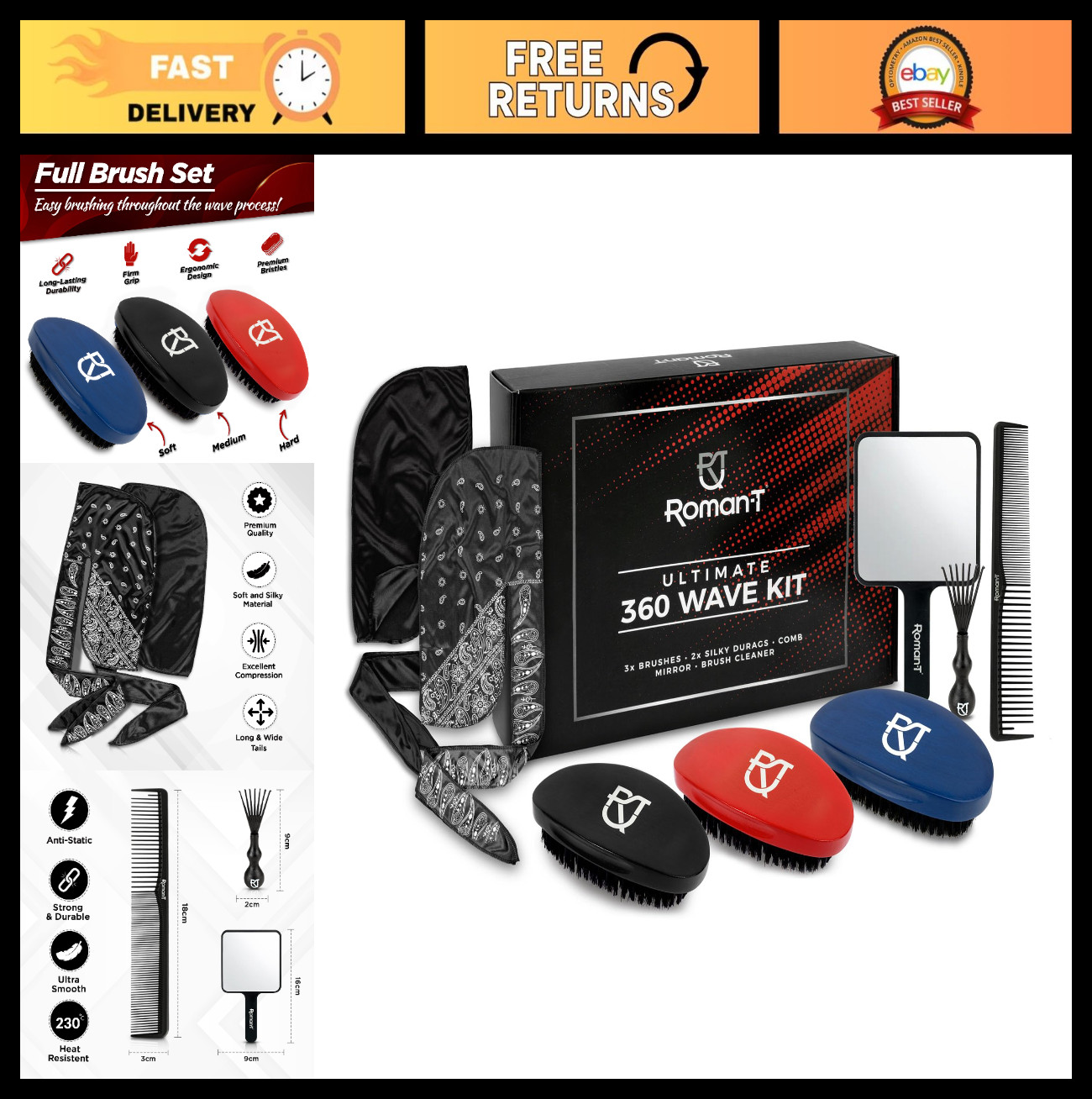 8-in-1 360 Wave Grooming Kit for Men – 3 Wave Brushes, Satin Durags, Mirror & Co