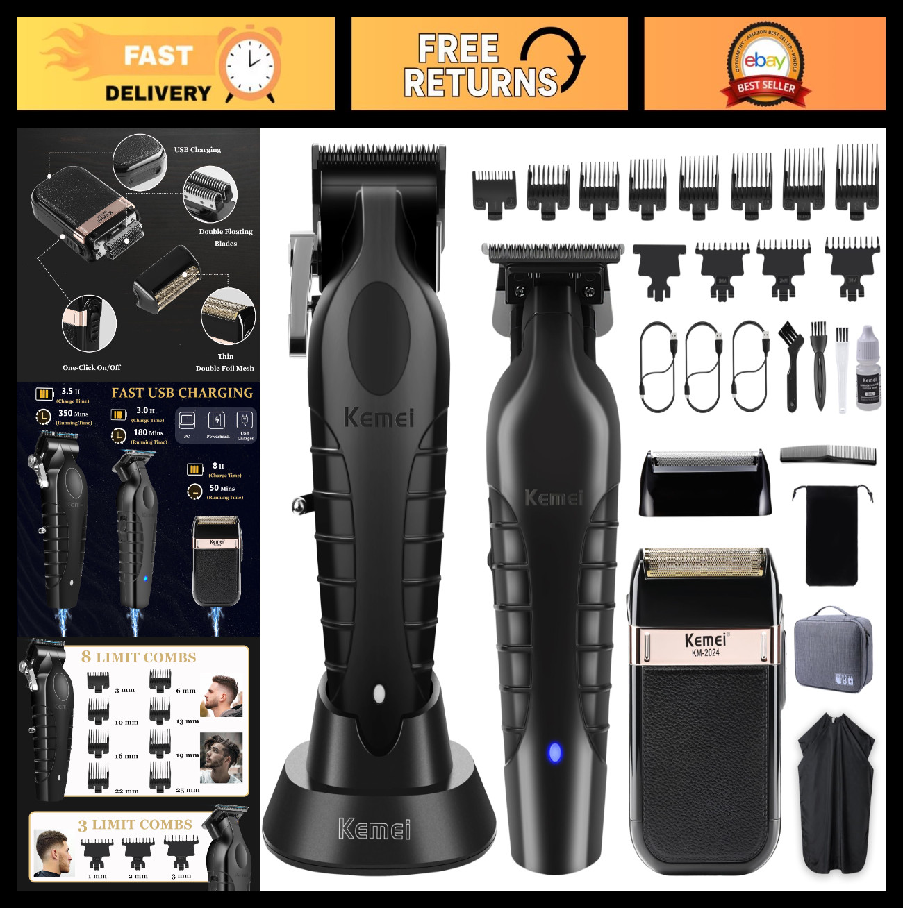 Professional Hair Clippers & Beard Trimmer Set, Cordless Rechargeable USB Haircu