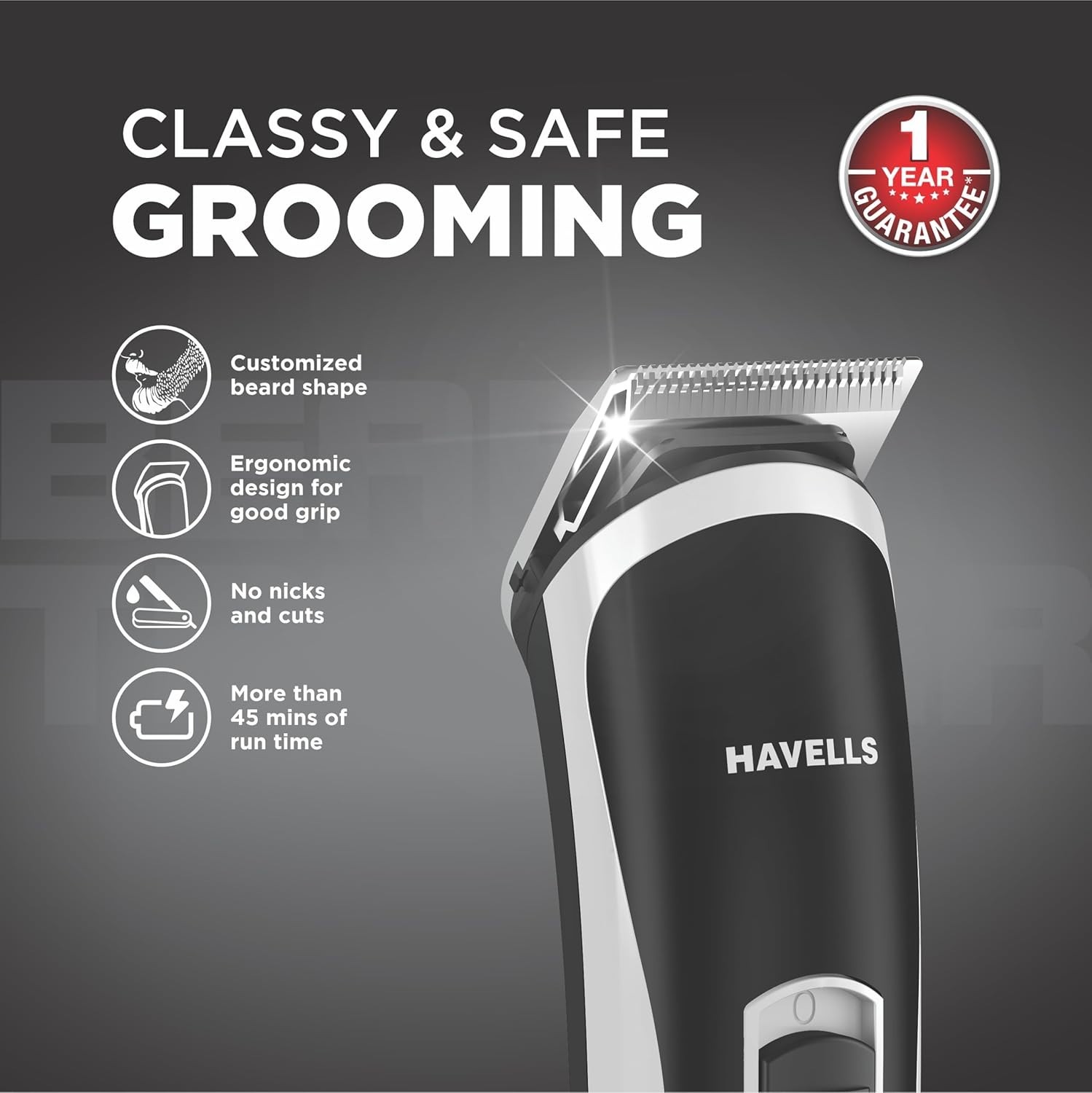 Havells BT2111 Beard Trimmer, 0.5mm Precision, SS Blades, 45 Min Runtime