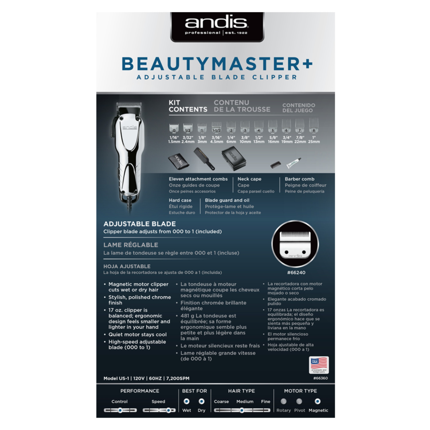 Andis AND66360 Beauty Master Plus High-Speed Adjustable Blade Clipper, Chrome