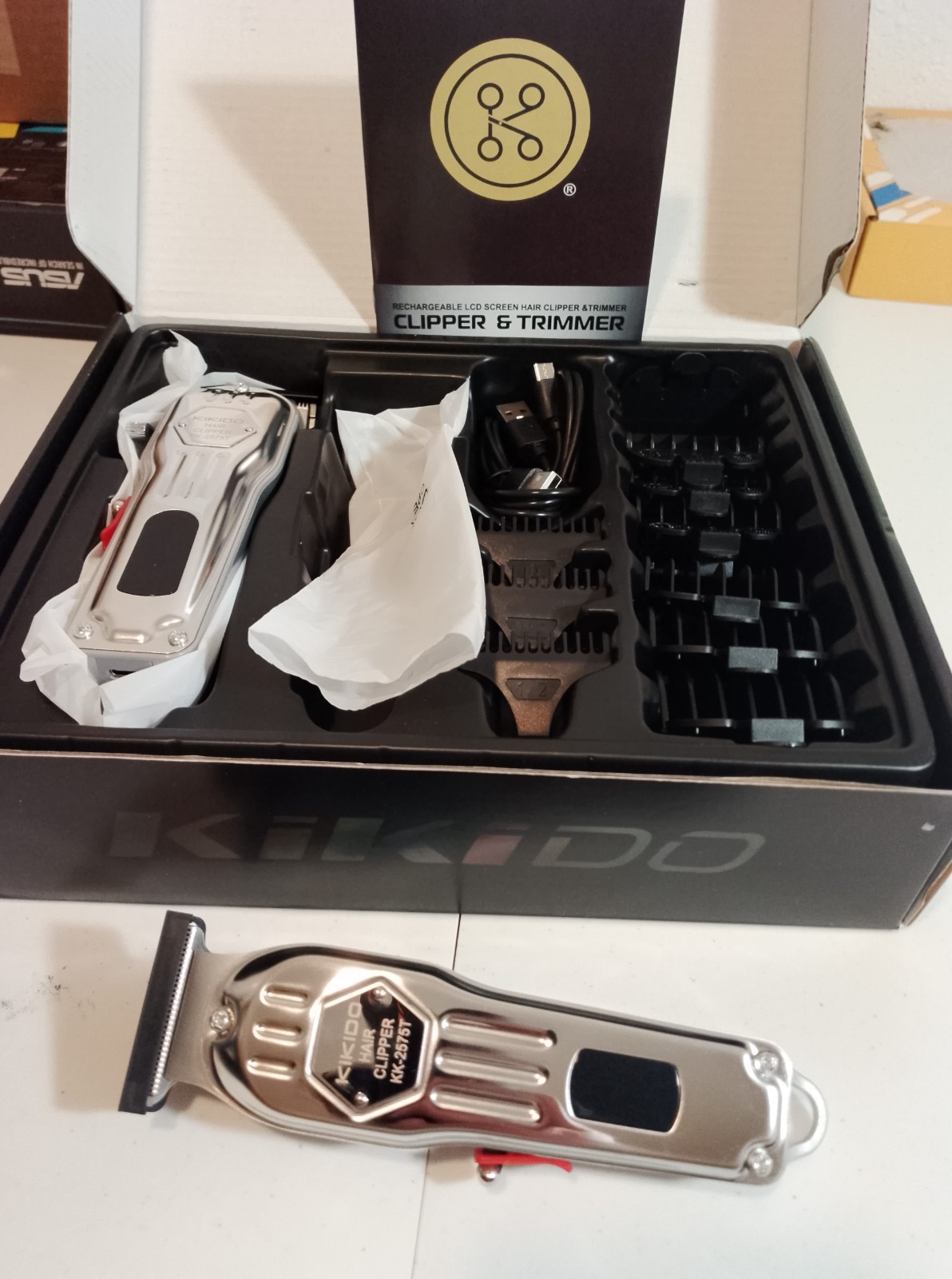Kikido Rechargeable LCD Hair Clipper & Trimmer Set Silver Black Head Face