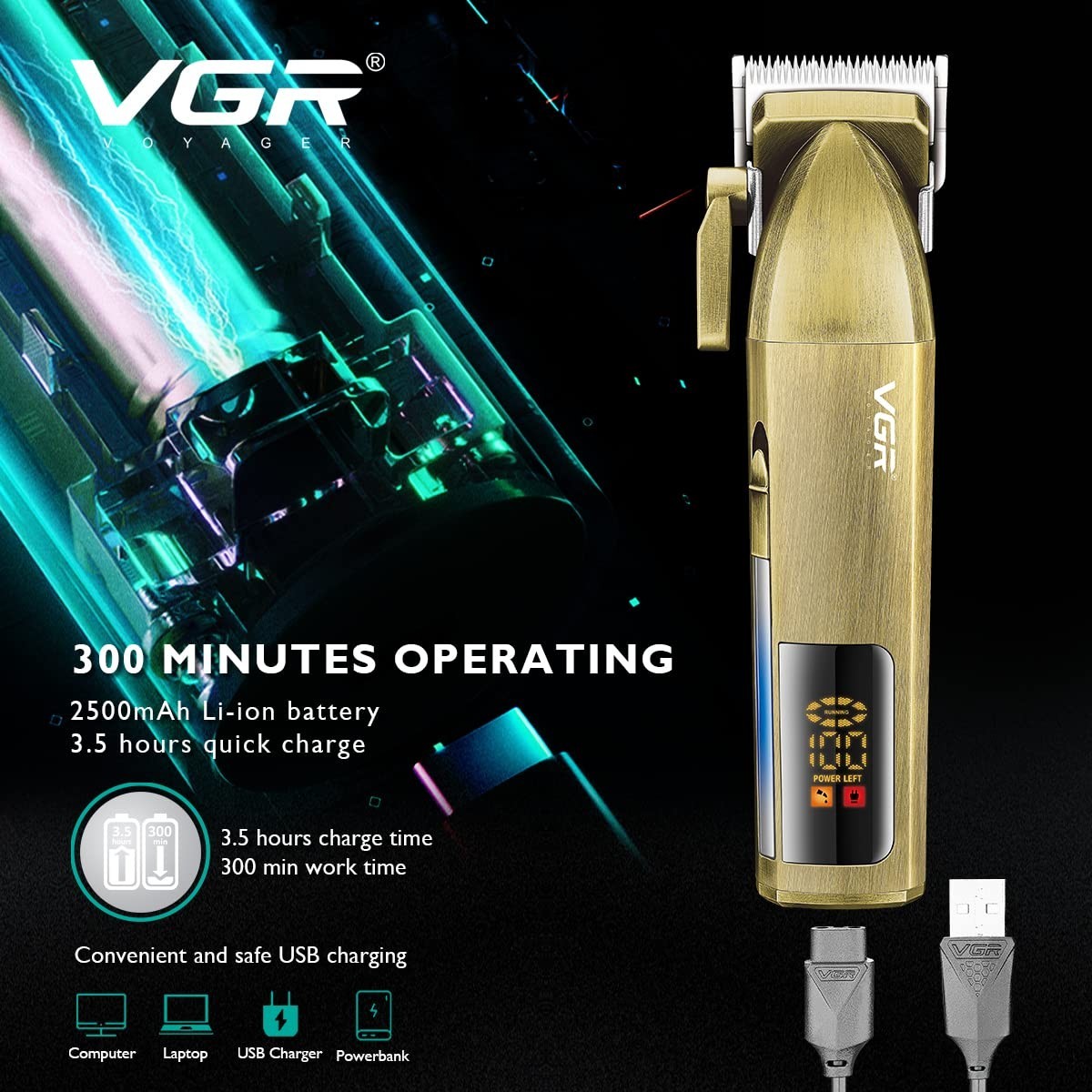 VGR V-688 Cordless Hair Clipper Digital Display 300-Minute Runtime Gold Groomer
