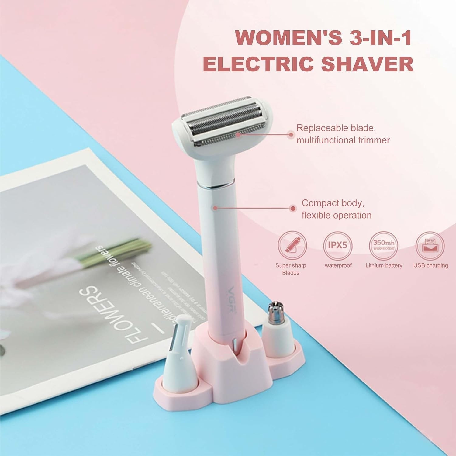 VGR 3-in-1 Women’s Electric Razor Bikini Trimmer Rechargeable Waterproof Shaver