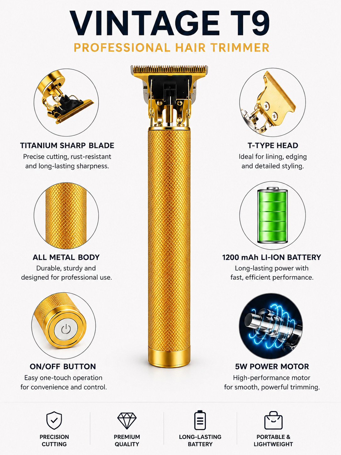Vintage T9 Barbeador Gold Beard Hair Trimmer Cutter Machine for Men