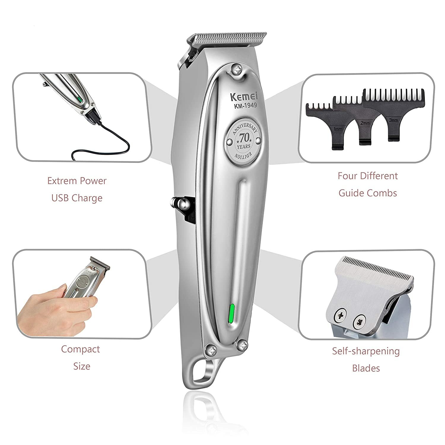 Kemei Professional Cordless Hair Clipper Trimmer Barber KM-1949 Metal Haircut