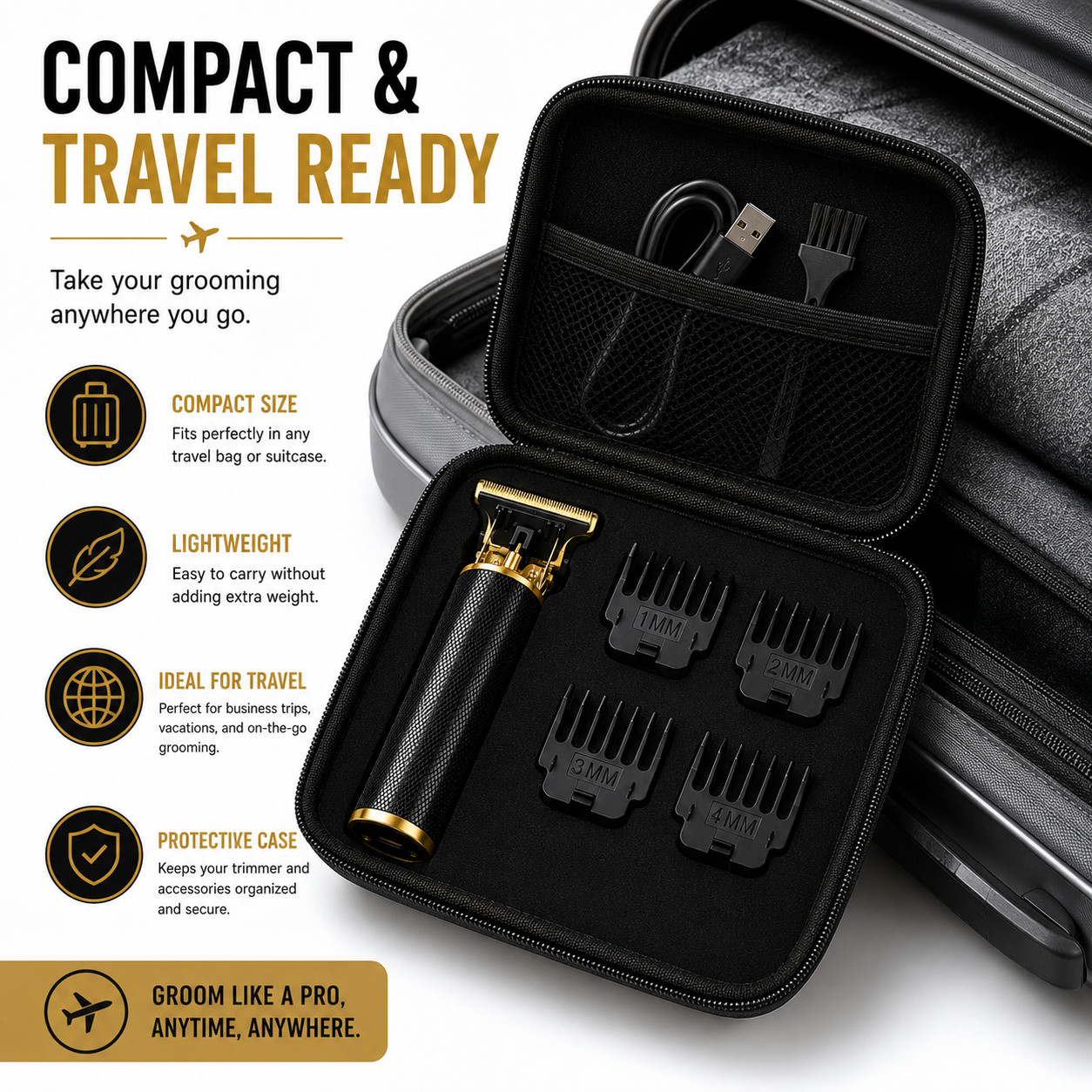 Vintage T9 Cordless Hair Trimmer Beard Clipper USB Rechargeable Gold Black