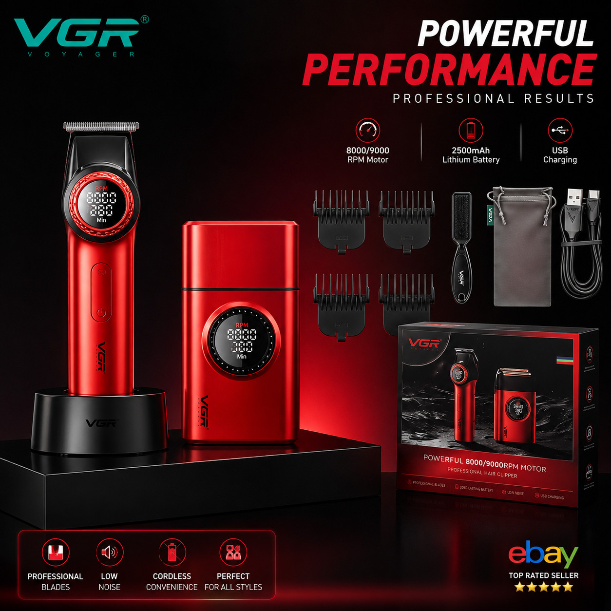 VGR V-977 V-377 Professional Hair Clipper Trimmer & Foil Shaver Set Cordless LED