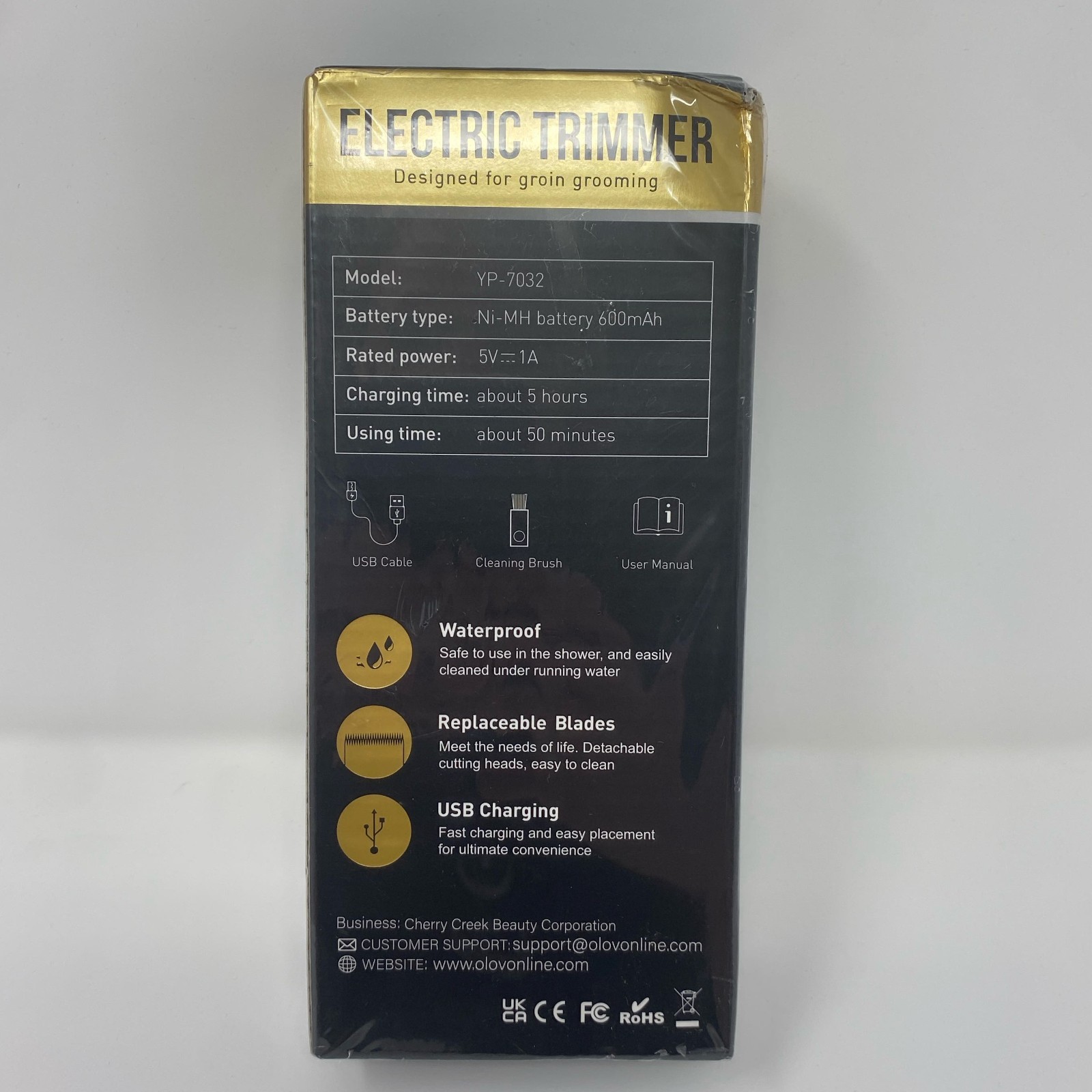 OLOV YP-7032 Electric Body & Groin Trimmer, Black/Gold, Waterproof