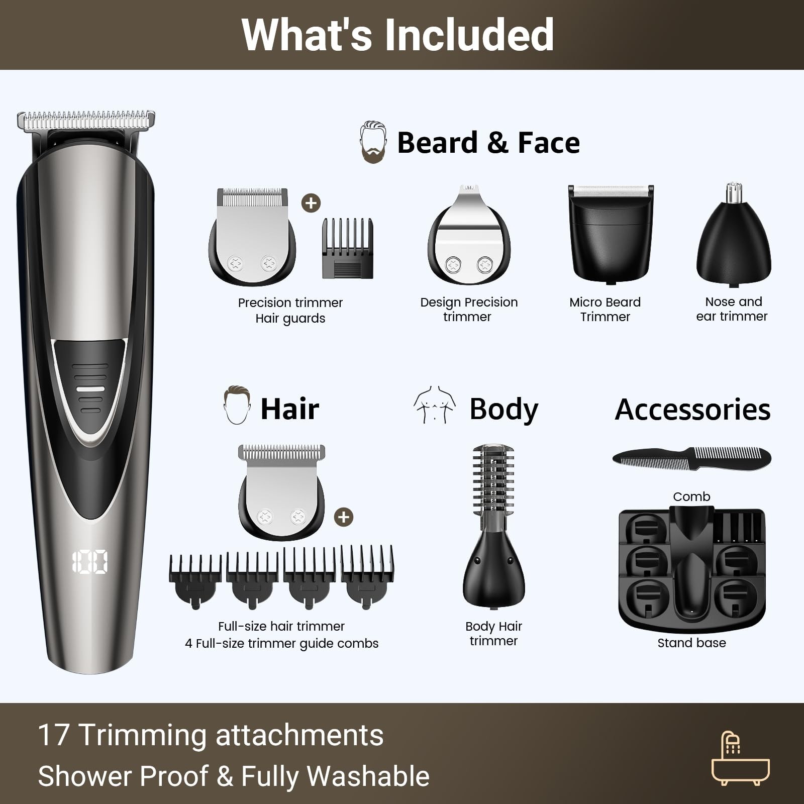 12-in-1 Rechargeable Beard Trimmer & Hair Clippers | Waterproof, Turbo Speed, 6