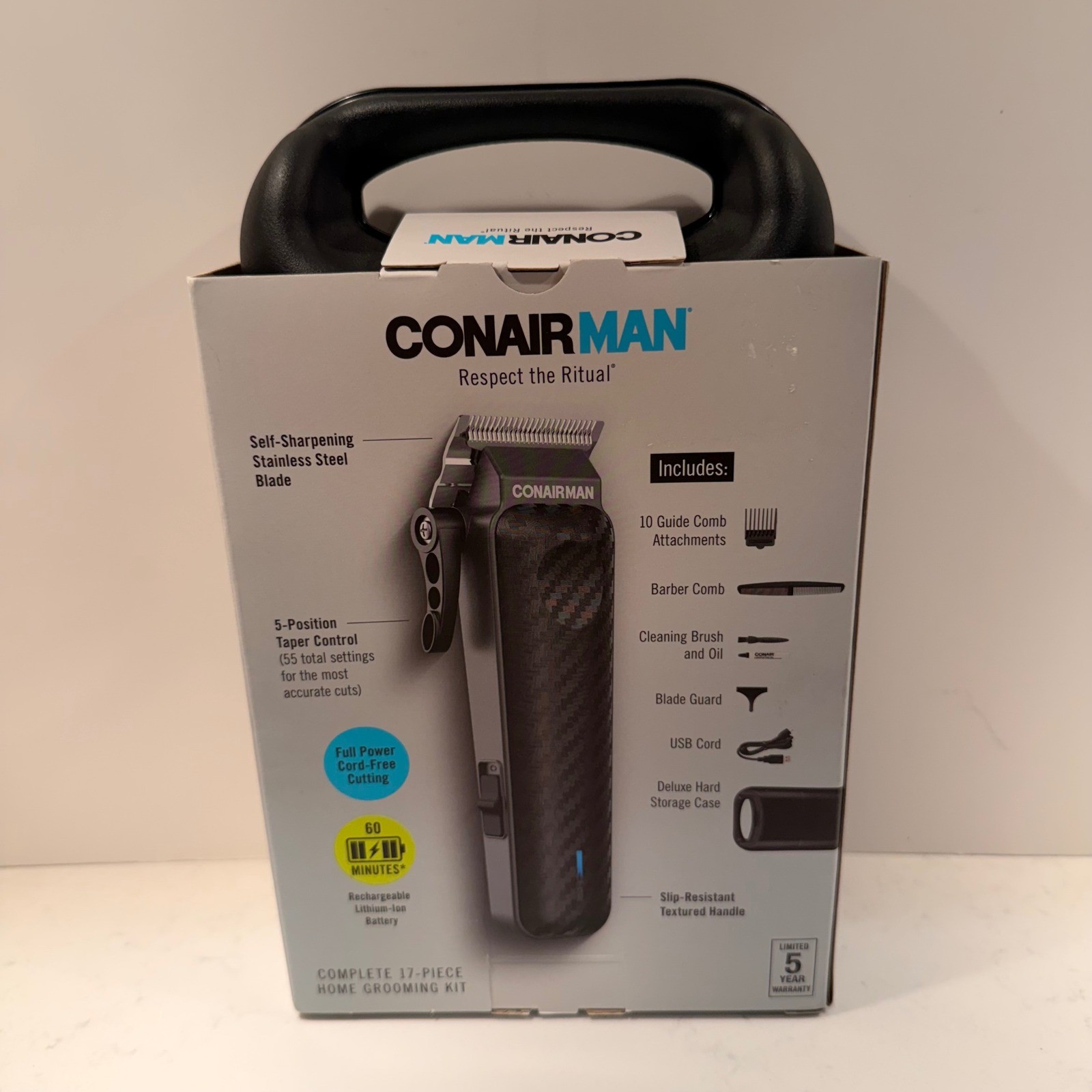 Conair Man Clipper Trimmer Lithium Ion Cordless Rechargeable 17 Pc Carry Case