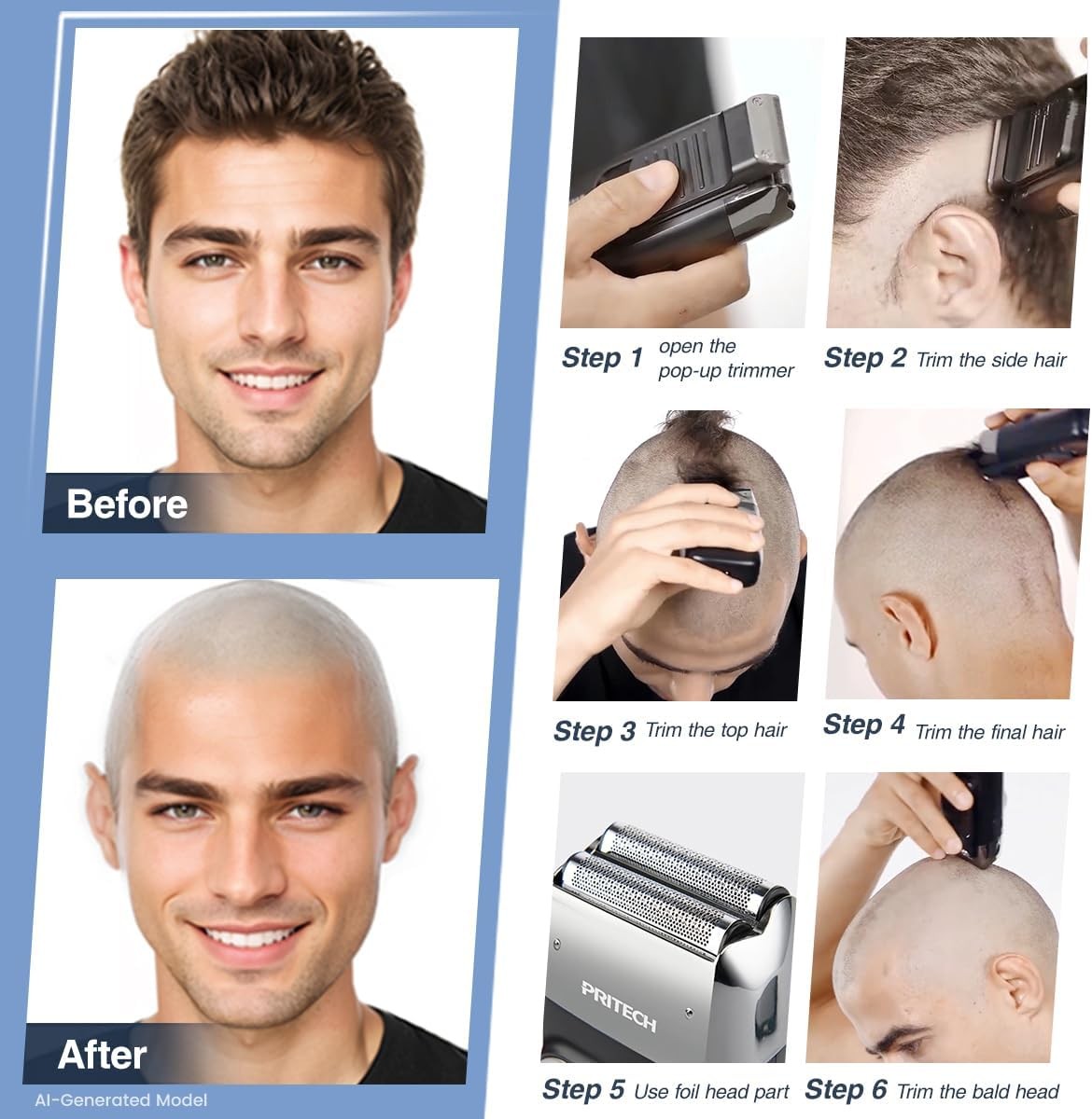 PRITECH 2-in-1 Bald Head Shaver & Trimmer, Cordless, 120-Min Runtime