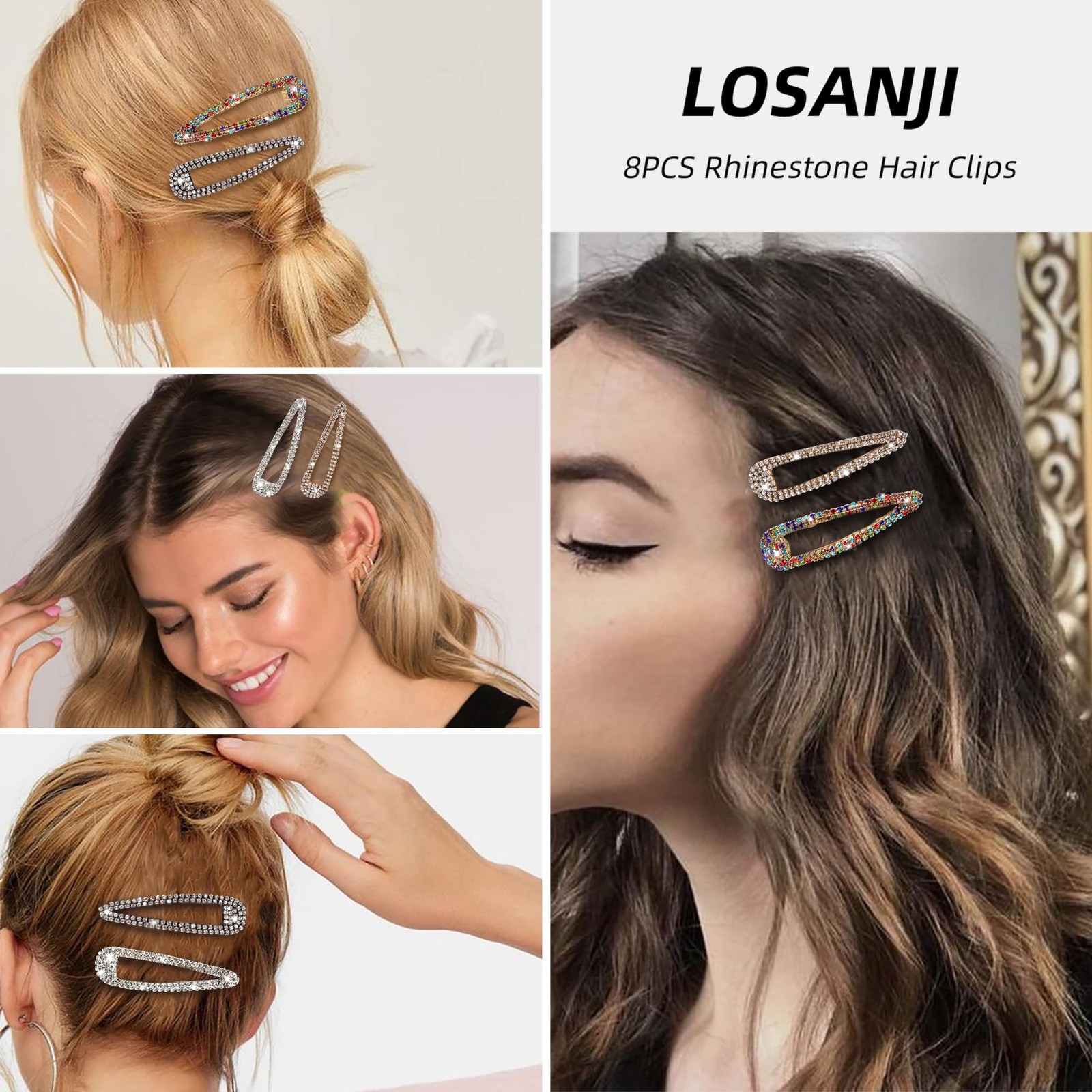 LOSANJI 8PCS Rhinestone Hair 1 Count (Pack of 8), Color, Gold, Silver, Black