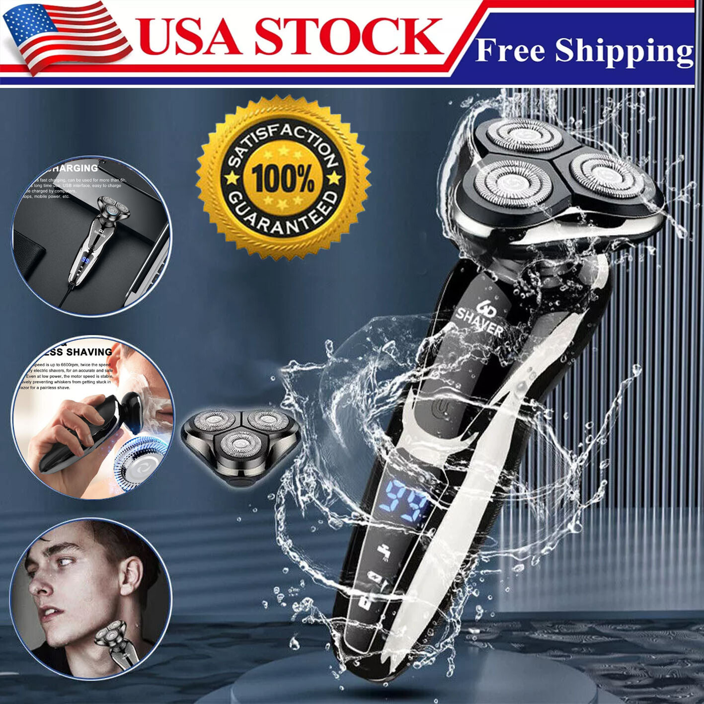 Men’s Razor Rotary Waterproof Electric Shaver Pop-Up Trimmer Wet Dry Cordless US