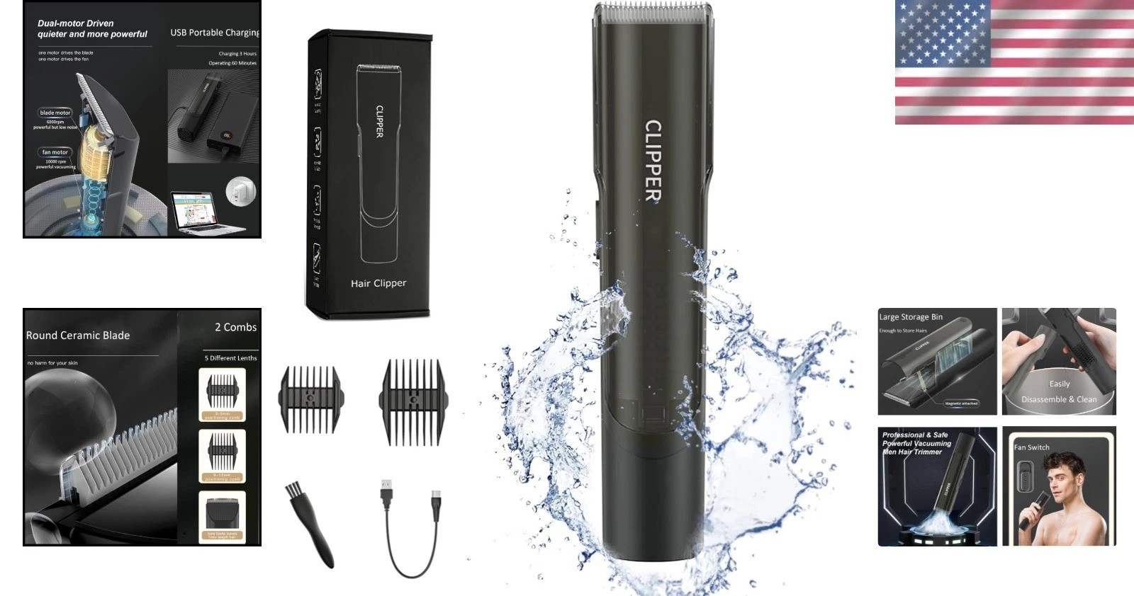 Professional Cordless Hair Clippers with Automatic Vacuum & Ceramic Blades