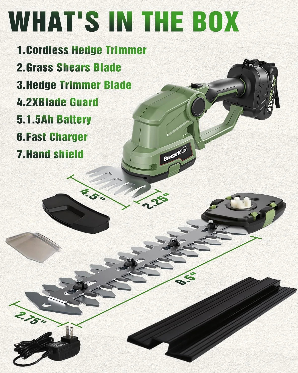 21V Mini Cordless Hedge Trimmer with Battery, Charger and 4.5″/8.5″ Blades | 2-i