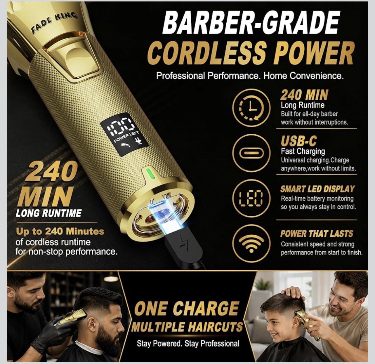 FADE KING FK-807 Cordless USB Haircutting Kit 2 Heads Unisex Gold/Black