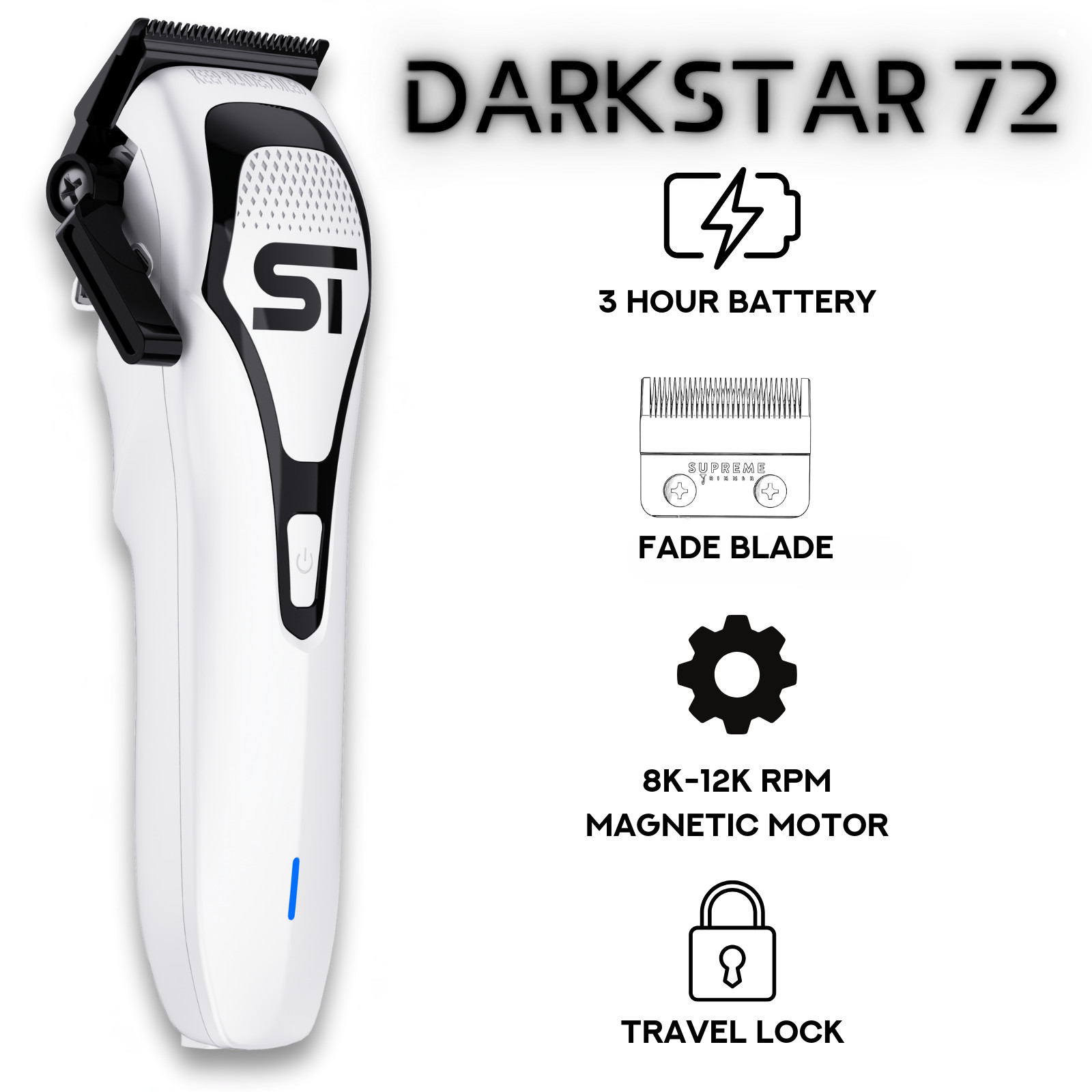 Supreme Trimmer DARKSTAR 72 DLC Fade Clipper w/ Magnetic Vector Motor | White