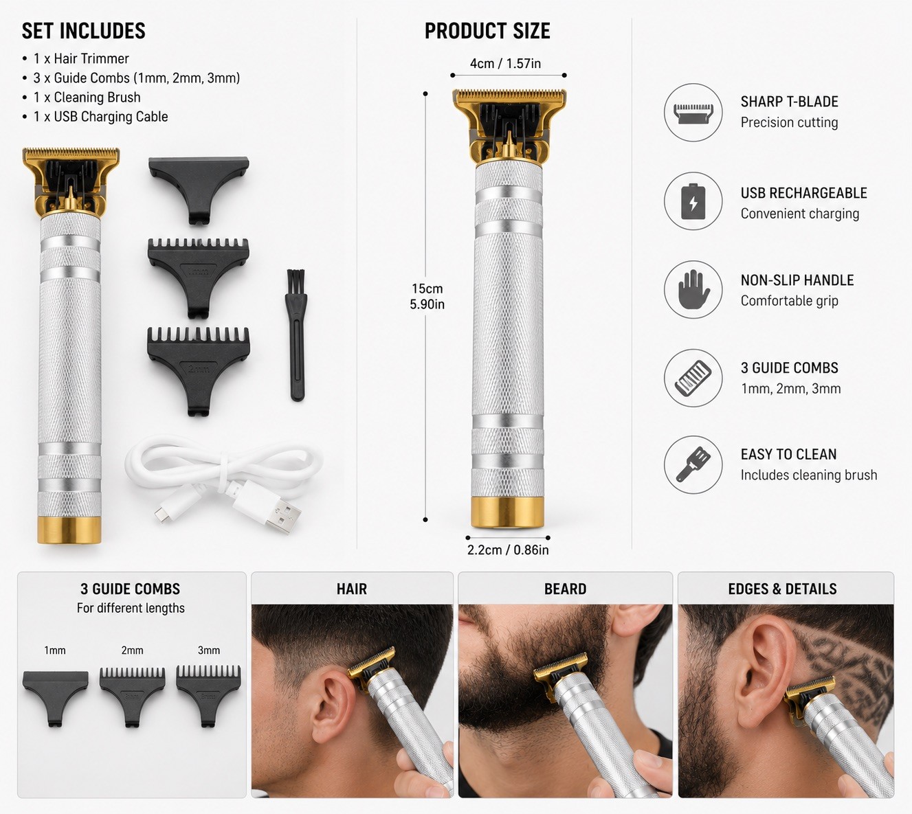 Vintage T9 Barbeador Gold Silver Beard Hair Trimmer Cutter Machine for Men